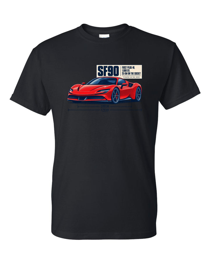 Ferrari SF90 Stradale halftone print with first plug-in, 1,000 CV text black t-shirt front view with the design