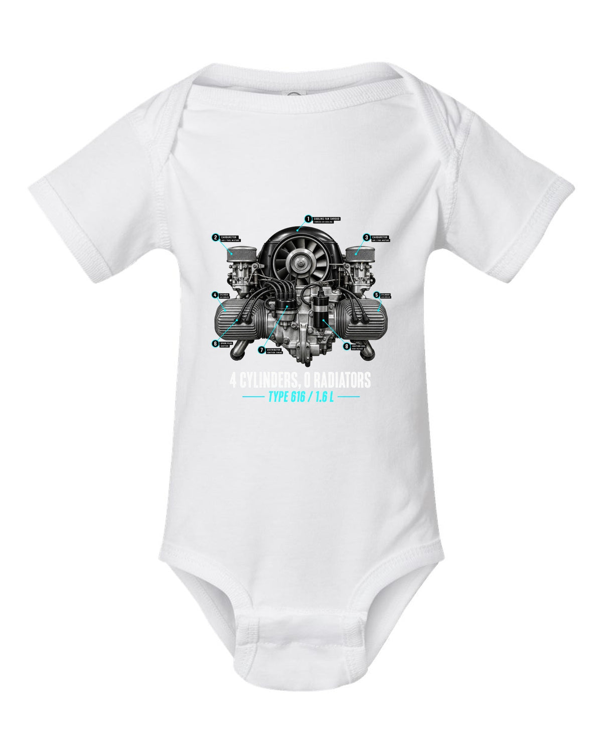 Engine hero print of the Porsche 356 Type 616 1.6 L flat-four with the caption 4 cylinders 0 radiators white baby onesie front view with the design