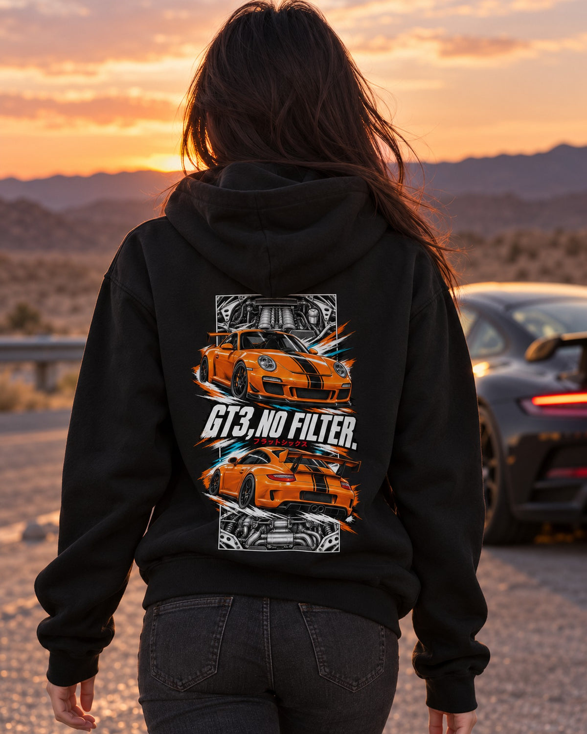Porsche 997 Gt3 Torn Poster Full-Back Graphic Tee Pull Over Hoodie Black worn hero