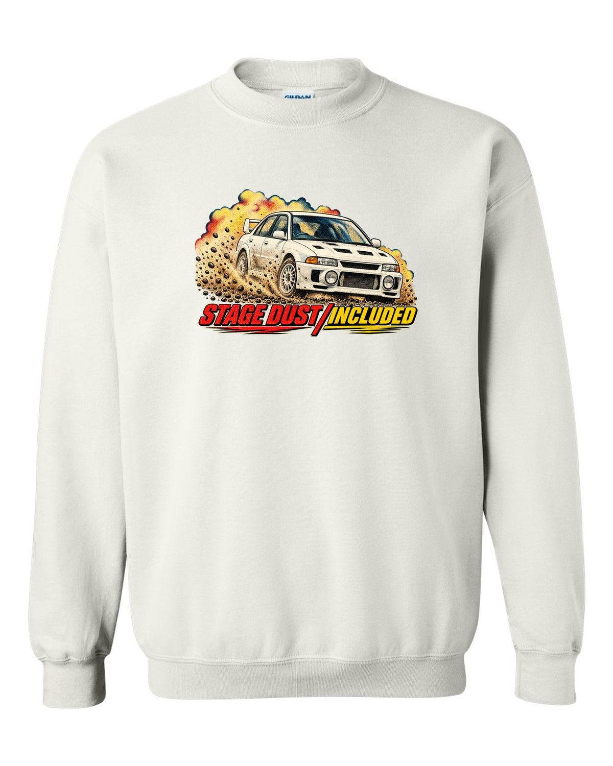 Halftone rally magazine style Mitsubishi Lancer Evolution III CE9A on gravel white crewneck front view with the design