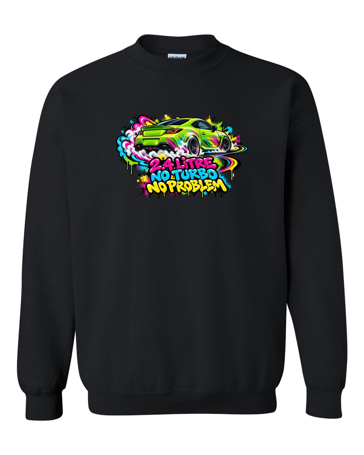 Subaru BRZ ZD8 sideways in front of a graffiti wall, 2.4 LITRE / NO TURBO / NO PROBLEM black crewneck front view with the design
