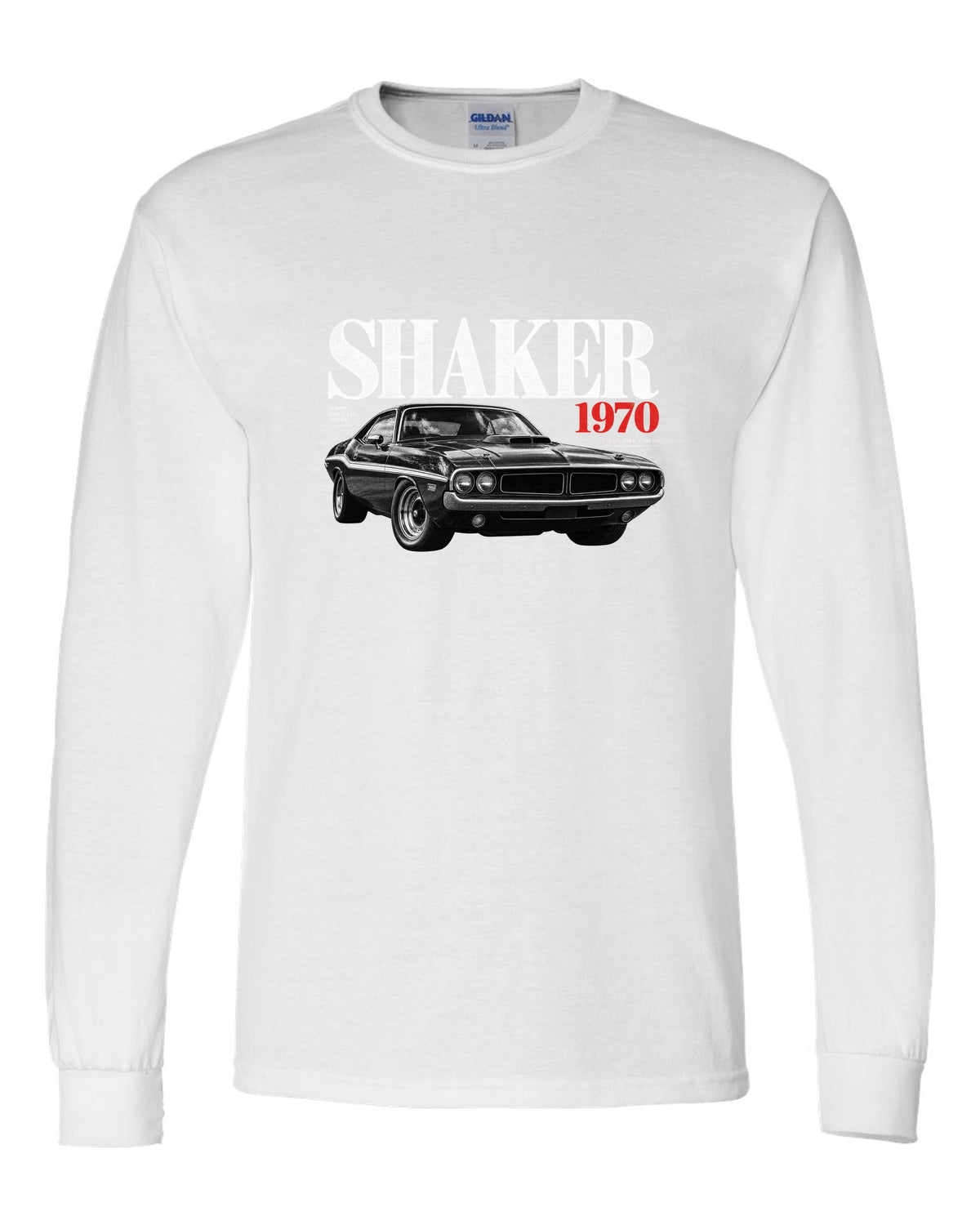 Editorial headline print of a 1970 Dodge Challenger R/T Shaker with 440 Six Pack text white long sleeve front view with the design