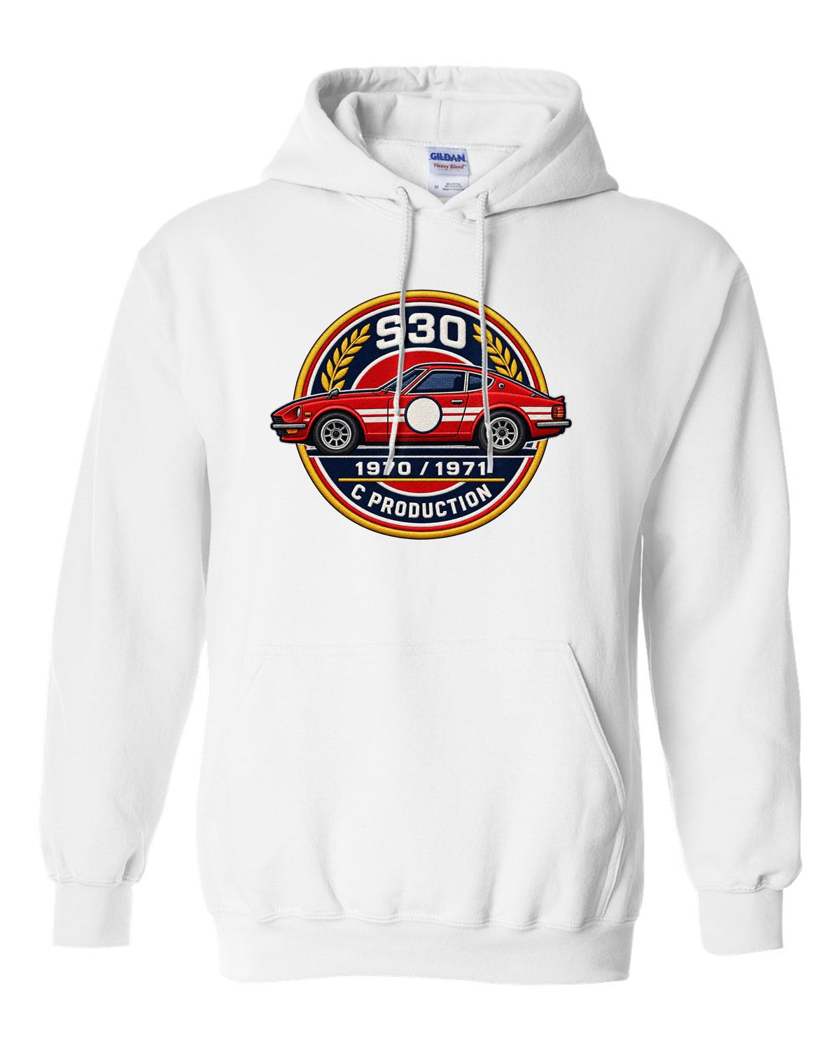 Round crest print for the Datsun 240Z S30 with S30, 1970, 1971 and C Production lettering white pull over hoodie front view with the design