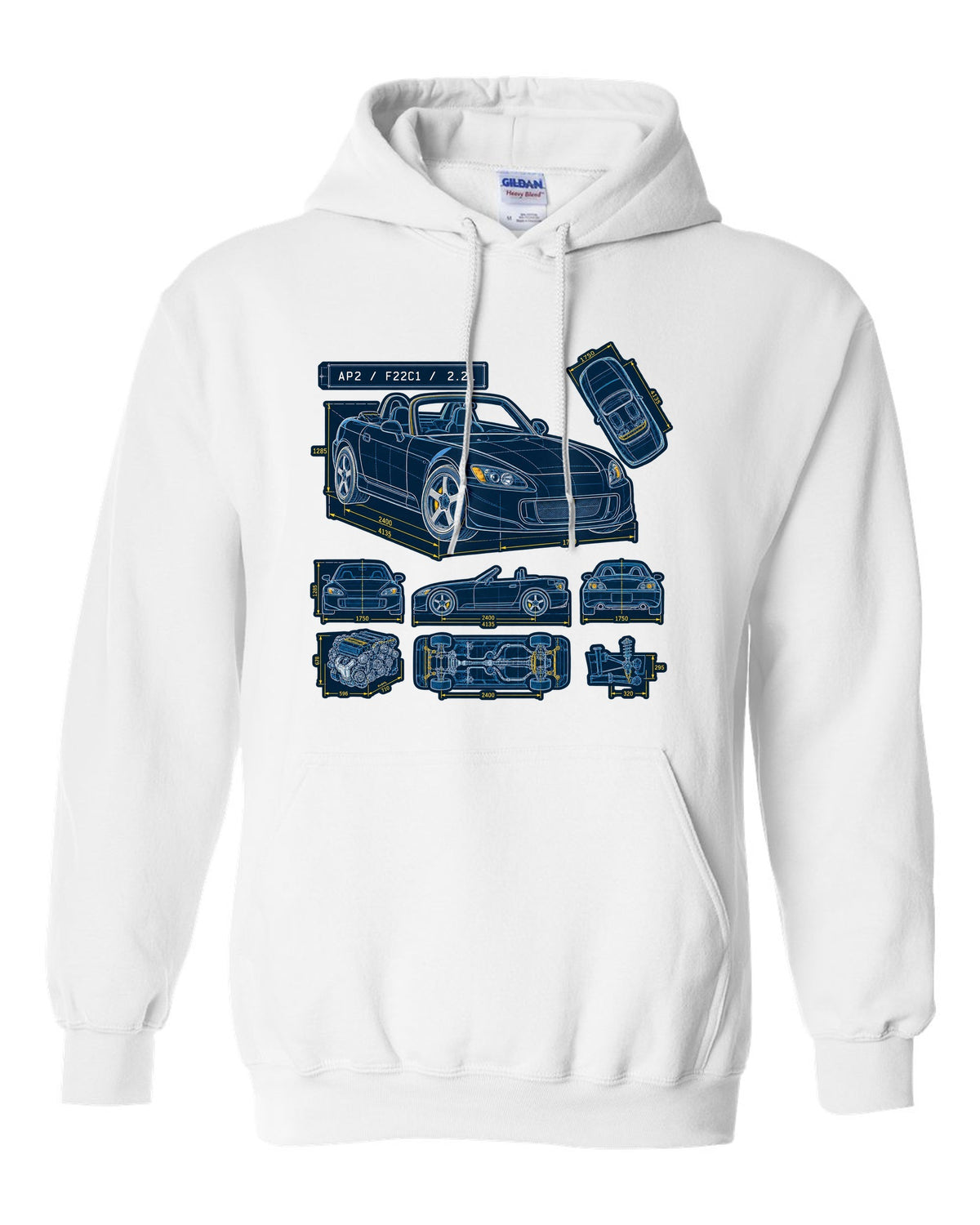 Neon synthwave sunset print of a Honda S2000 AP2 with 8,200 RPM not 9,000 text white pull over hoodie front view with the design