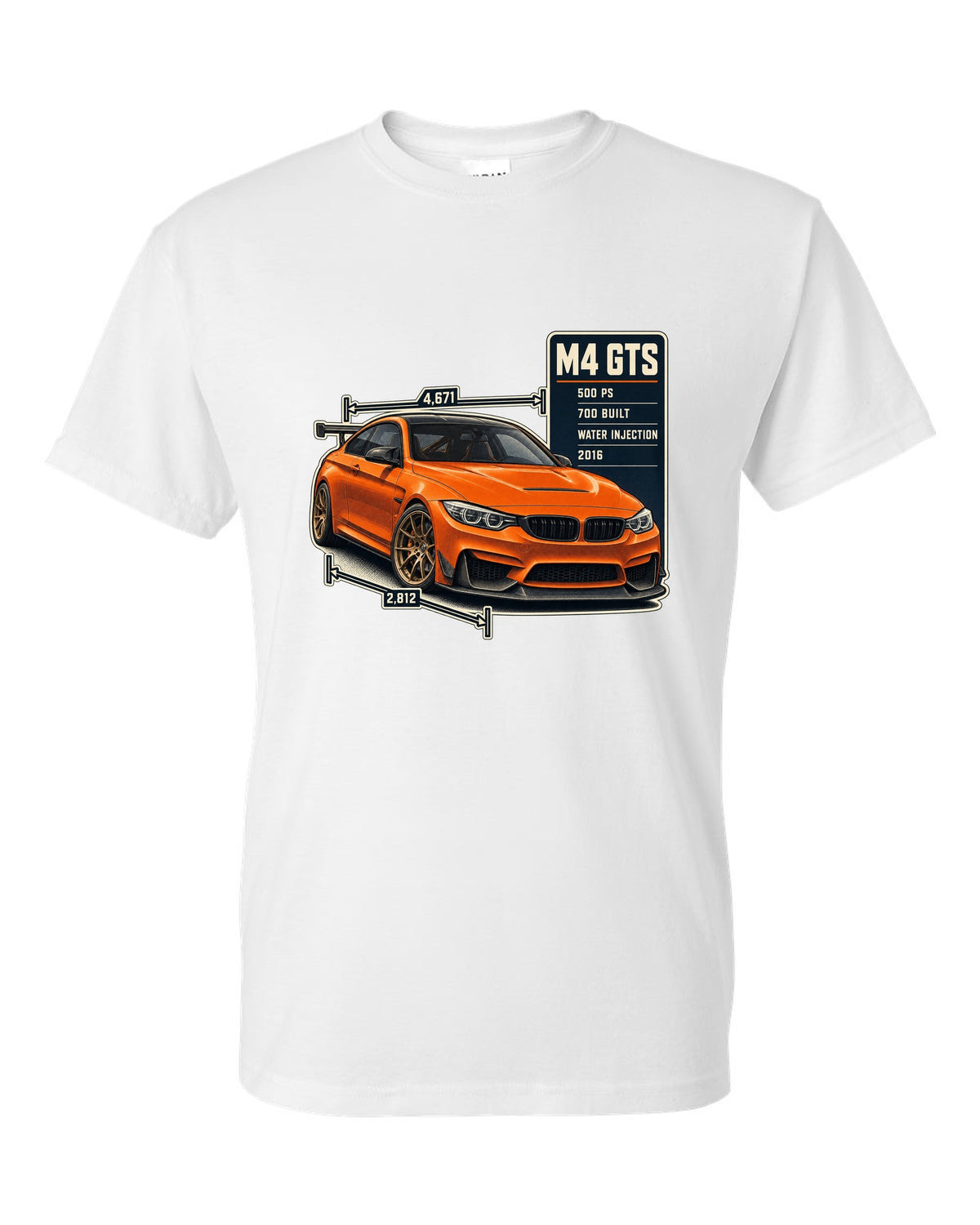 BMW M4 GTS F82 spec poster print design white t-shirt front view with the design