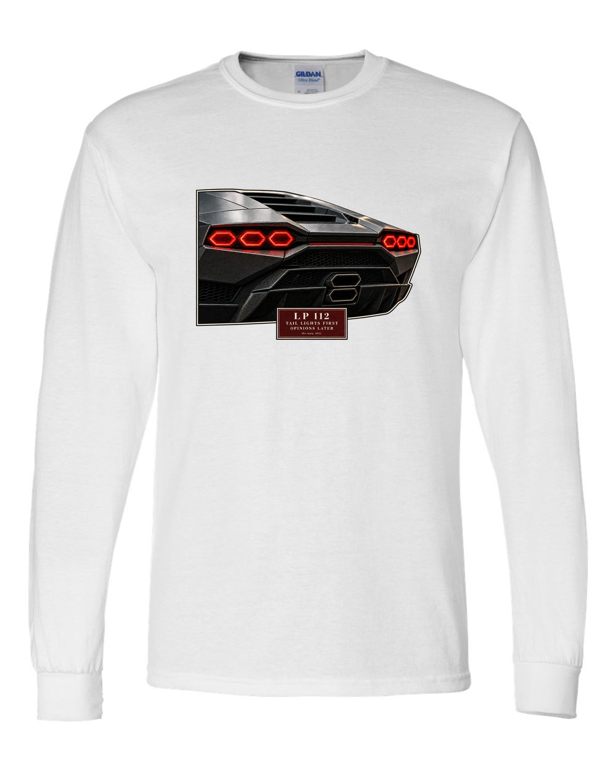 Lamborghini Countach LPI 800-4 taillight macro print with LP 112 lettering white long sleeve front view with the design