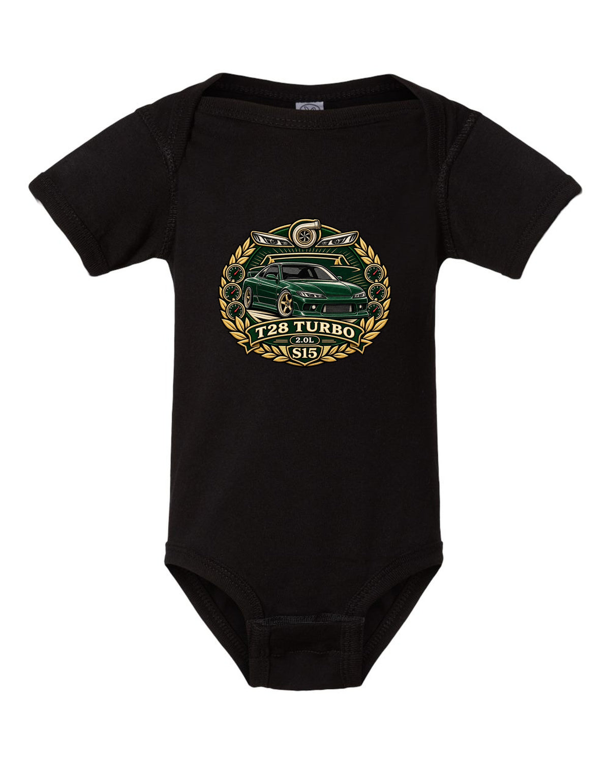 Round crest print for the Nissan Silvia S15 with turbo 2.0L engine lettering black baby onesie front view with the design