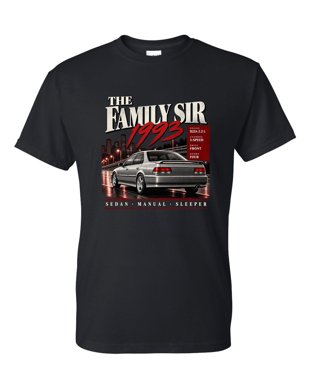 Archive panel print for the Honda Accord CD6 SiR sedan reading The Family Sir 1993 black t-shirt front view with the design