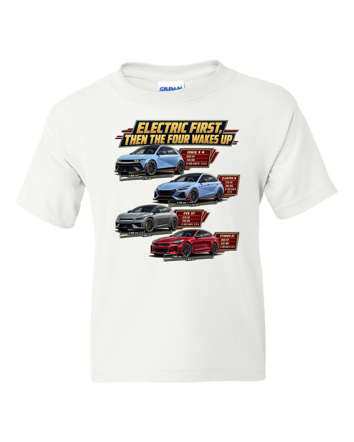 Polestar 1 spec poster print on a shirt white kids tee front view with the design