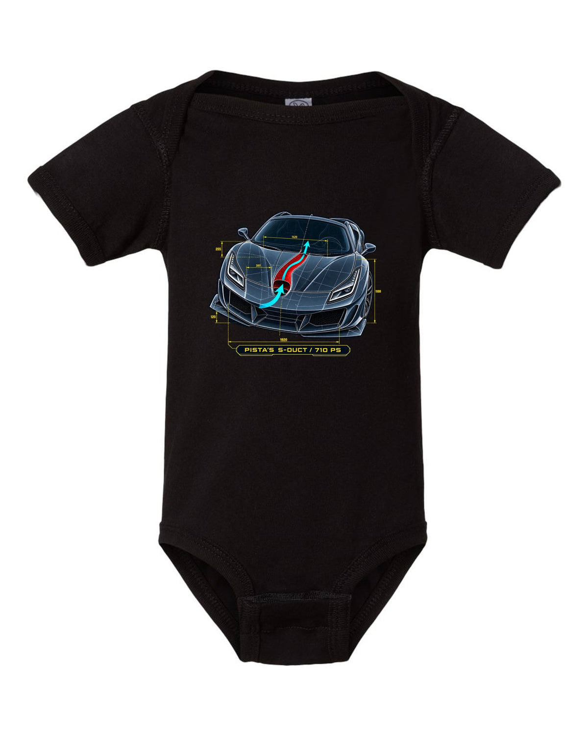 Blueprint line art of the Ferrari F8 Tributo S-duct with Pista reference black baby onesie front view with the design