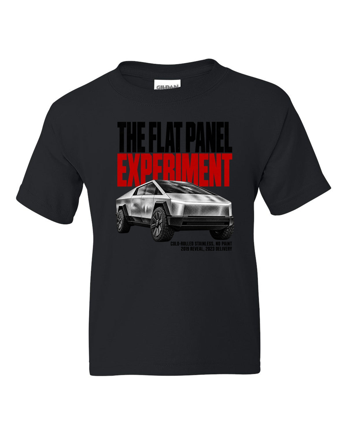 Halftone print of a 2023-24 Tesla Cybertruck with cold-rolled stainless text black kids tee front view with the design