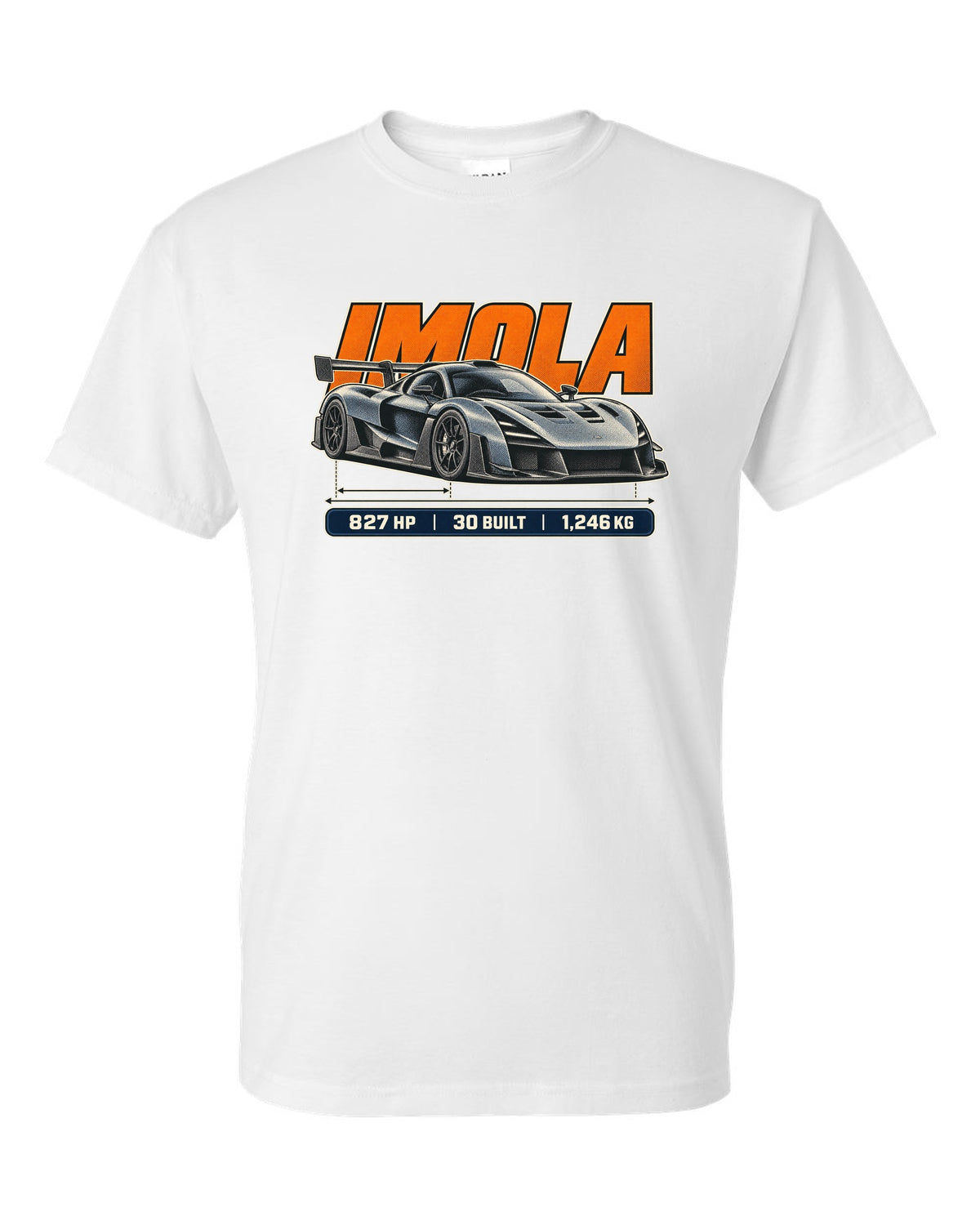 Halftone print of the Pagani Huayra Imola with the text Imola, 827 hp, 30 built, 1,246 kg white t-shirt front view with the design