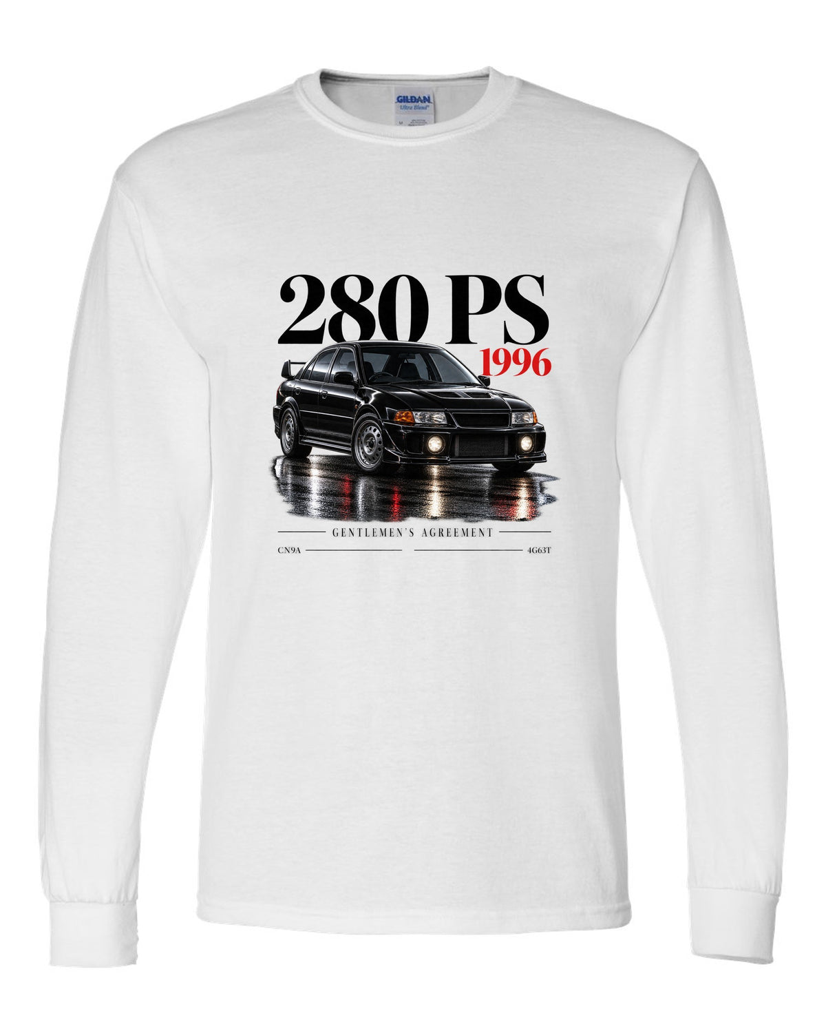 Editorial headline print for the Mitsubishi Lancer Evolution IV CN9A reading 280 PS, 1996, Gentlemen's Agreement, 4G63T white long sleeve front view with the design