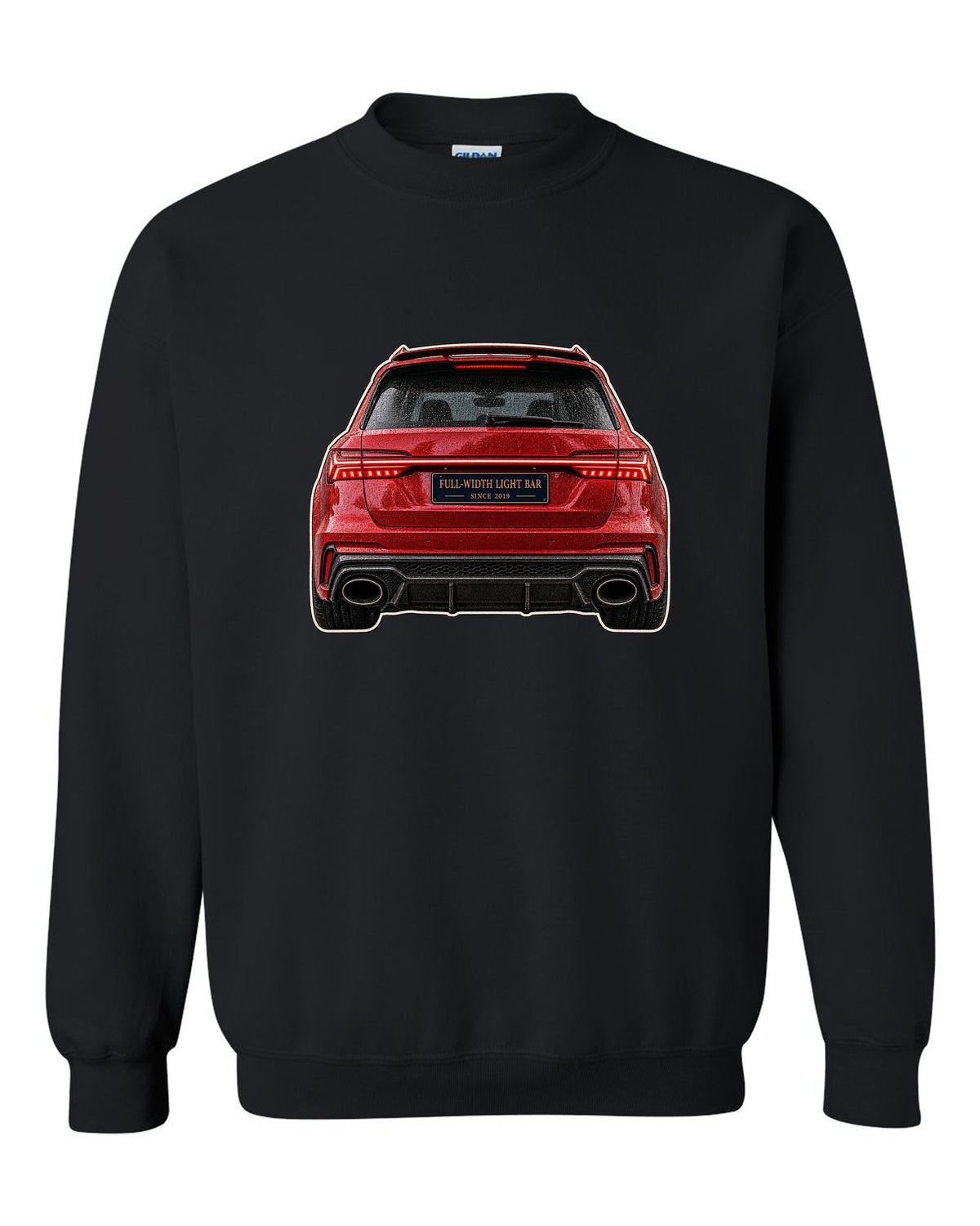 Close-up print of the full-width taillight bar on an Audi RS6 Avant C8 black crewneck front view with the design
