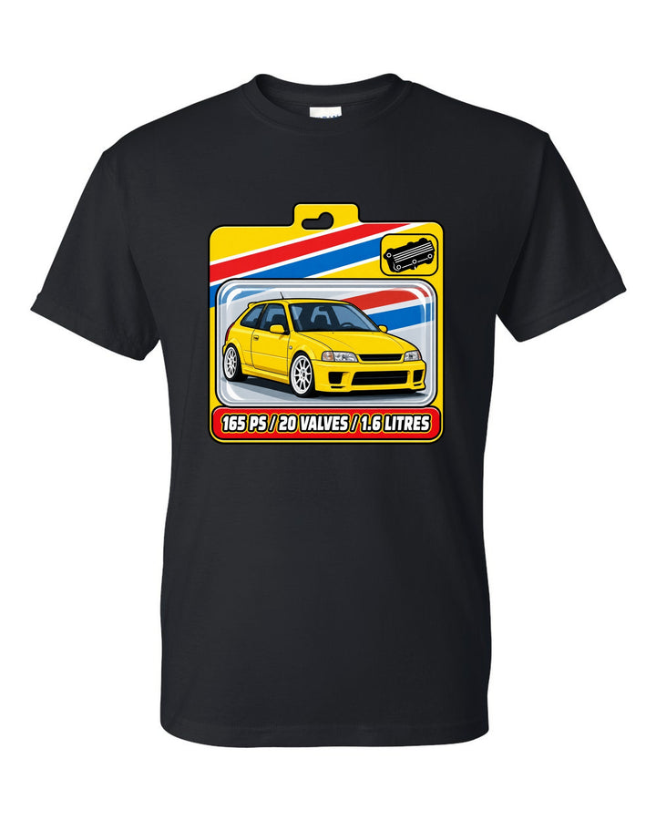 Toy blister card style illustration of a Toyota Corolla AE111 with 165 PS, 20 valves, 1.6 litres black t-shirt front view with the design