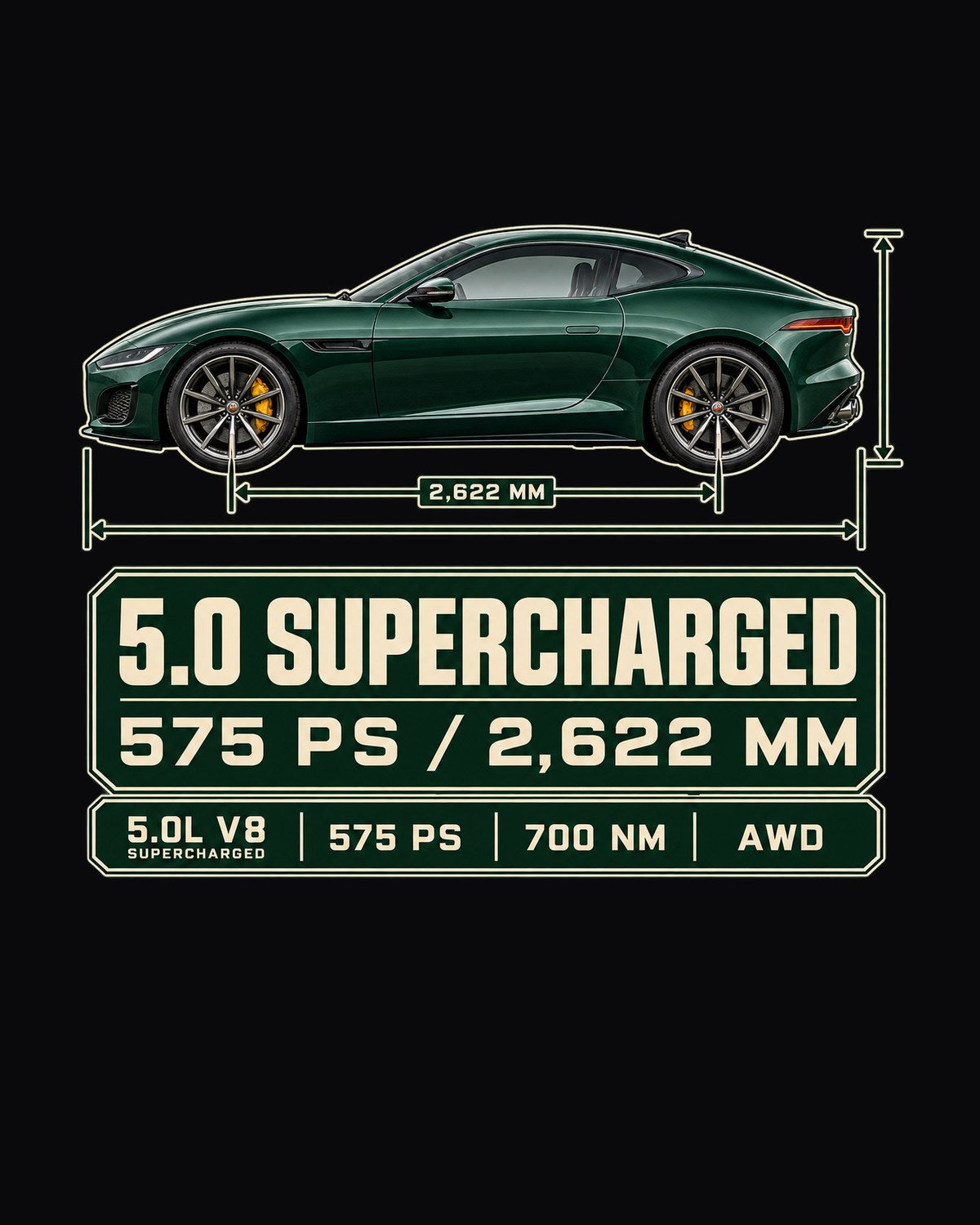 Jaguar F-Type R Coupe Spec Poster Shirt, Supercharged V8 design only