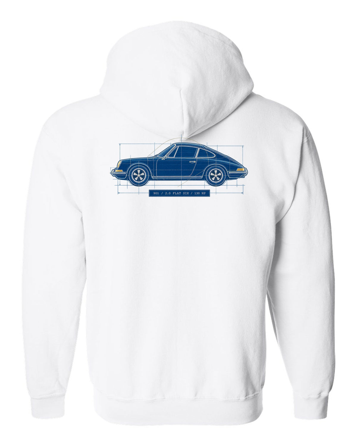 Porsche 911 901 1964 Cyanotype Blueprint Profile white zip hoodie back view with the design