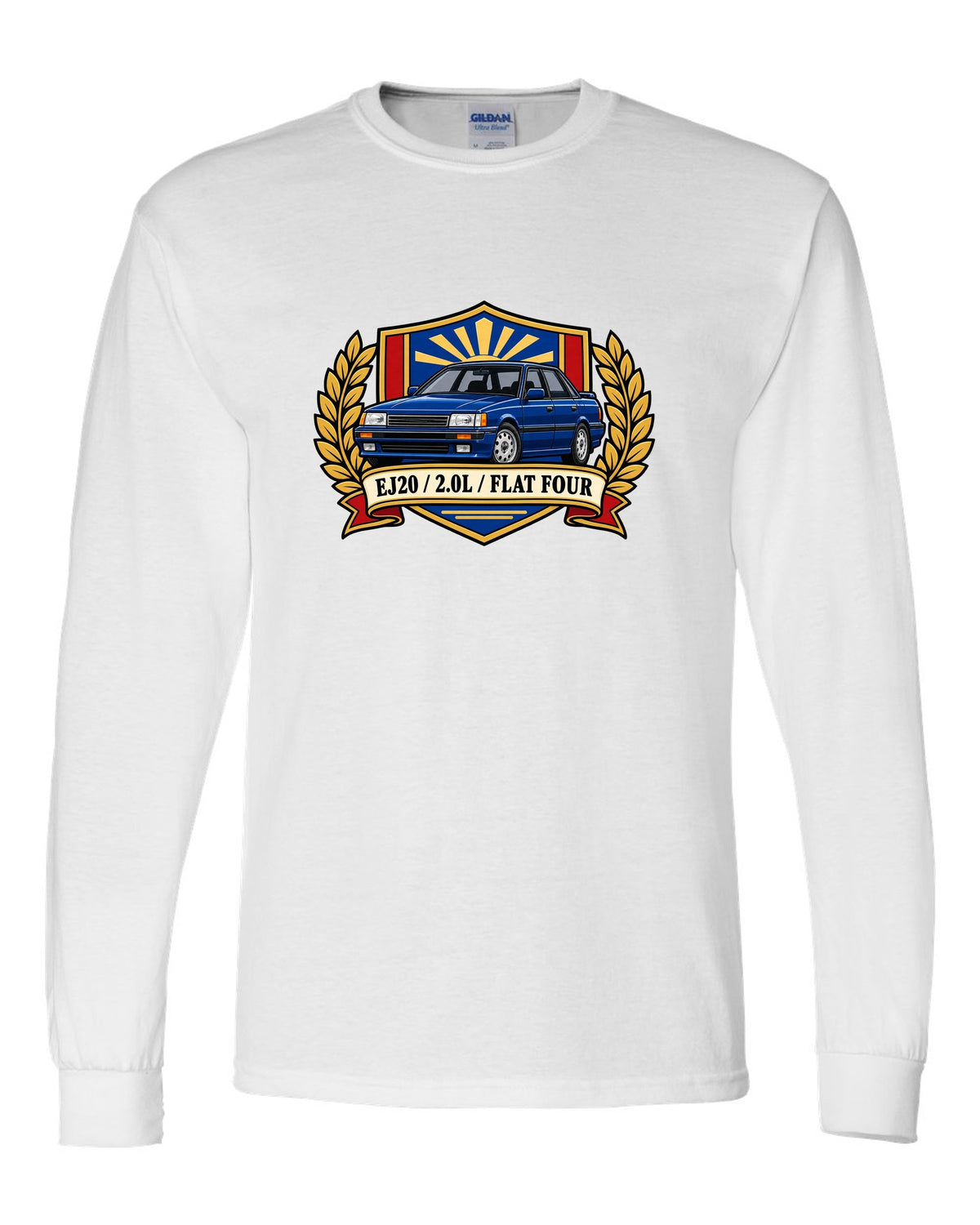 Shield crest design for a Subaru Legacy BC5 RS with EJ20 2.0L flat four text white long sleeve front view with the design