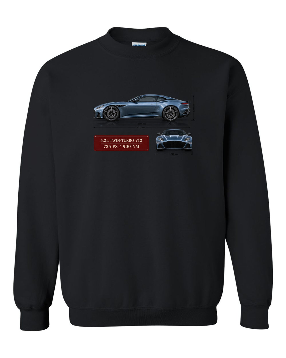 Aston Martin DBS Superleggera 2018 spec sheet print with 5.2L V12 725 PS 900 Nm black crewneck front view with the design