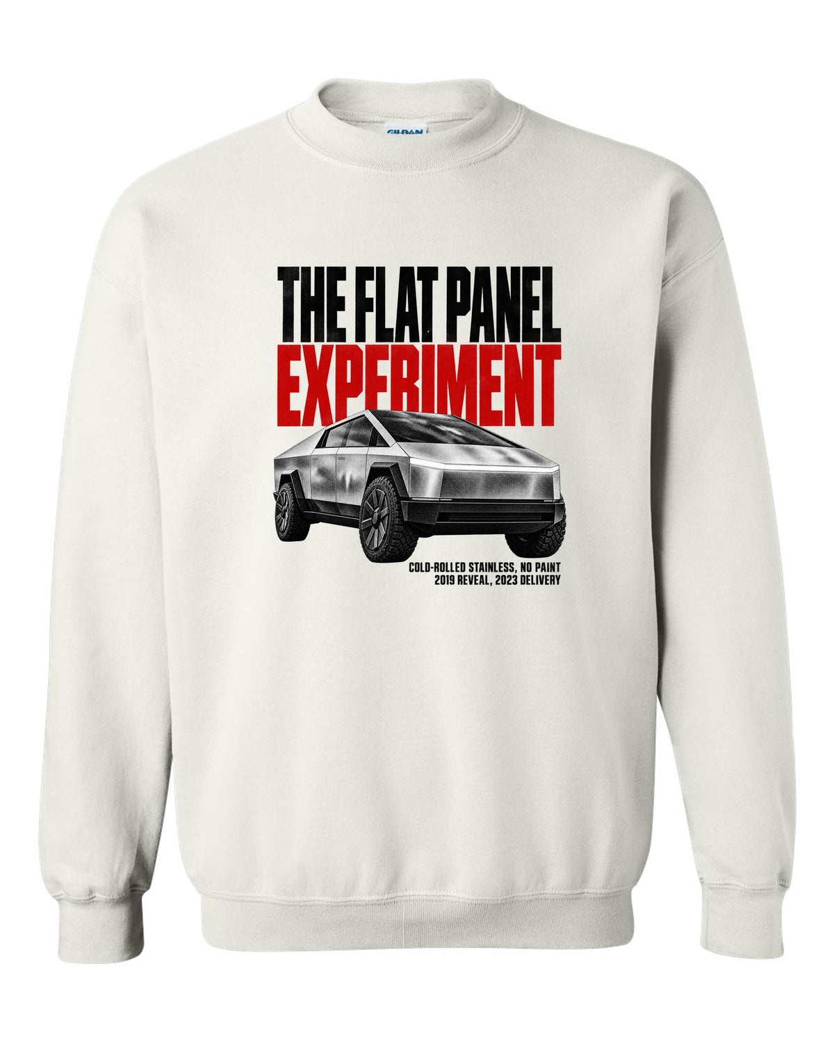 Halftone print of a 2023-24 Tesla Cybertruck with cold-rolled stainless text white crewneck front view with the design