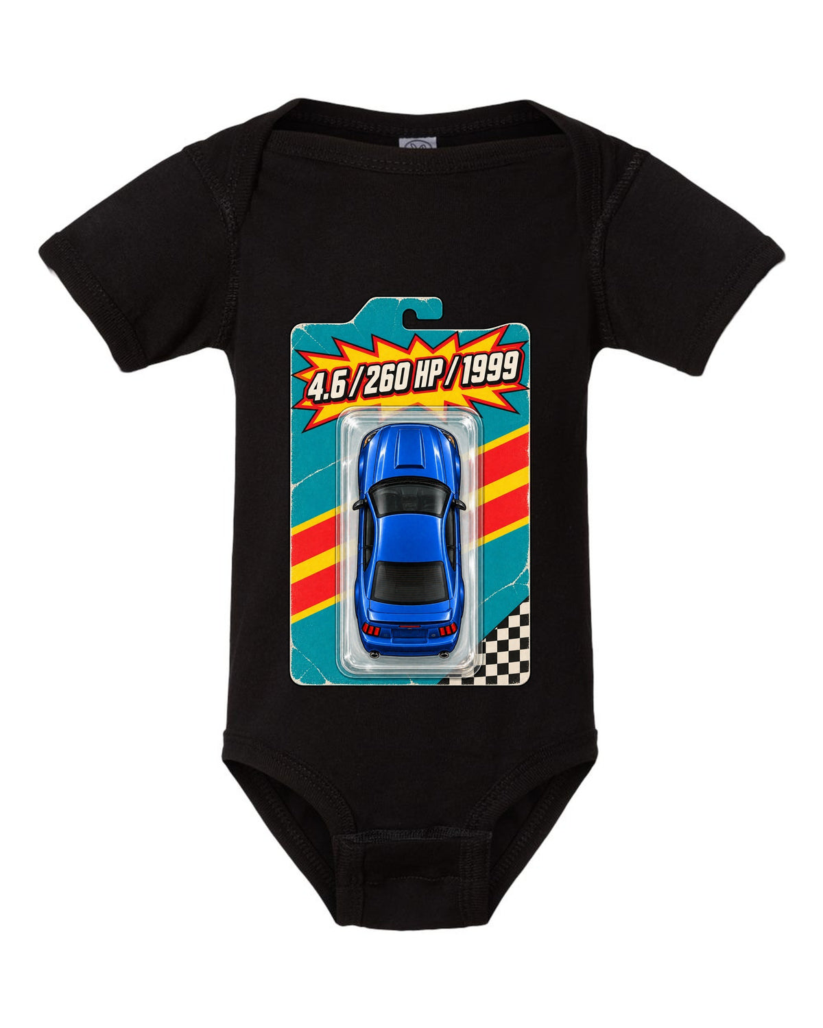 Toy blister card layout of a 1999-2004 New Edge Ford Mustang coupe with 4.6 260 HP text black baby onesie front view with the design