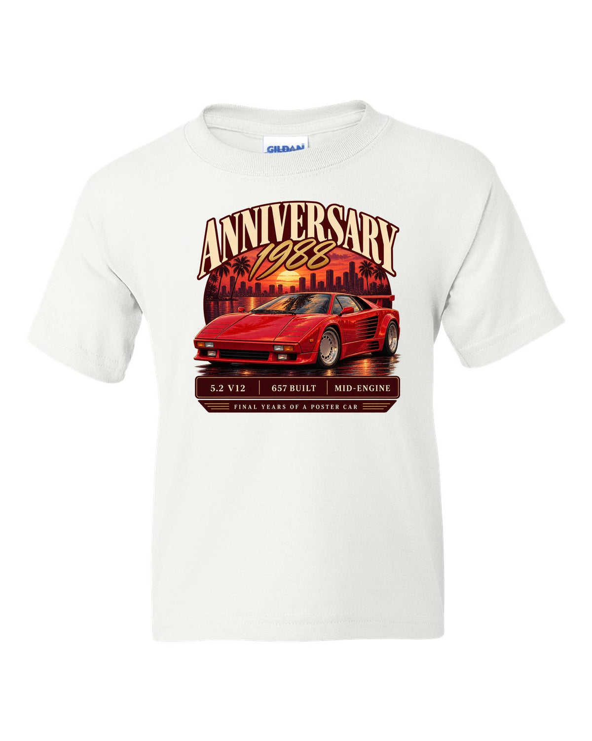 Archive panel print of a Lamborghini Countach 25th Anniversary with 657 built text white kids tee front view with the design