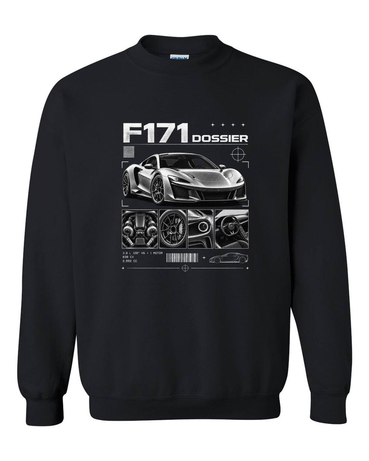 Dossier panel print of a Ferrari 296 GTB F171 with 3.0 L 120 degree V6 plus one motor, 830 CV black crewneck front view with the design
