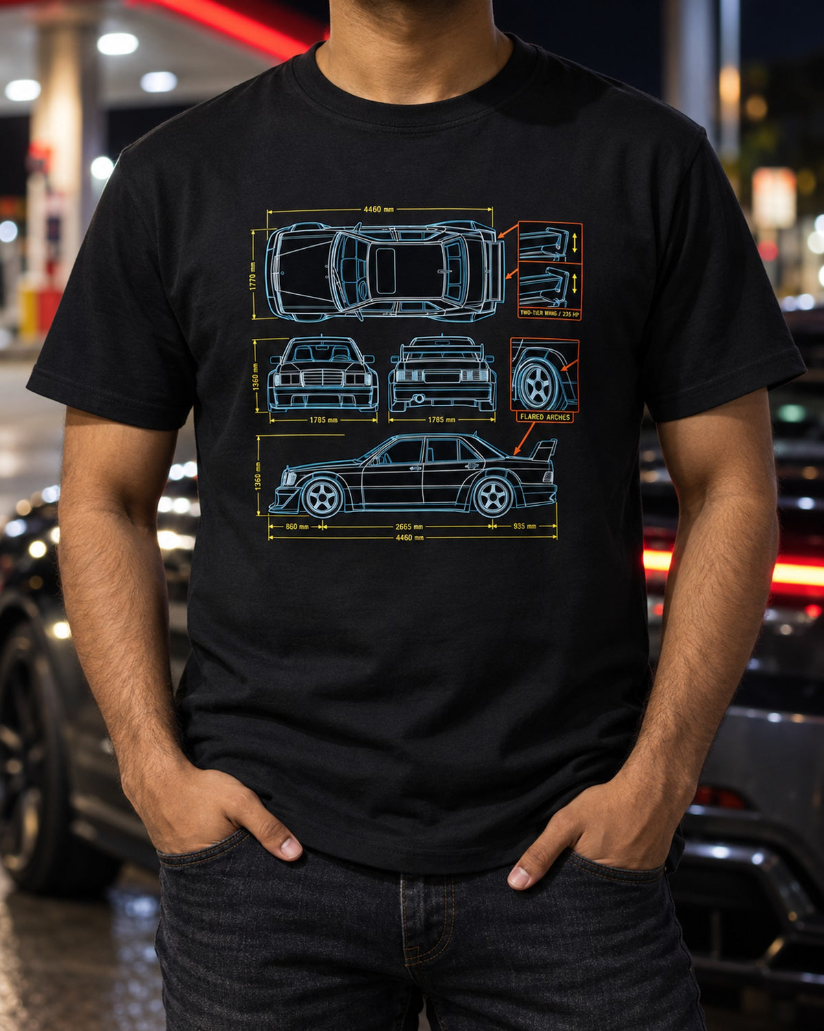 Mercedes 190E Evo II W201 Top-Down Blueprint Shirt, 235 HP T-Shirt Black worn hero