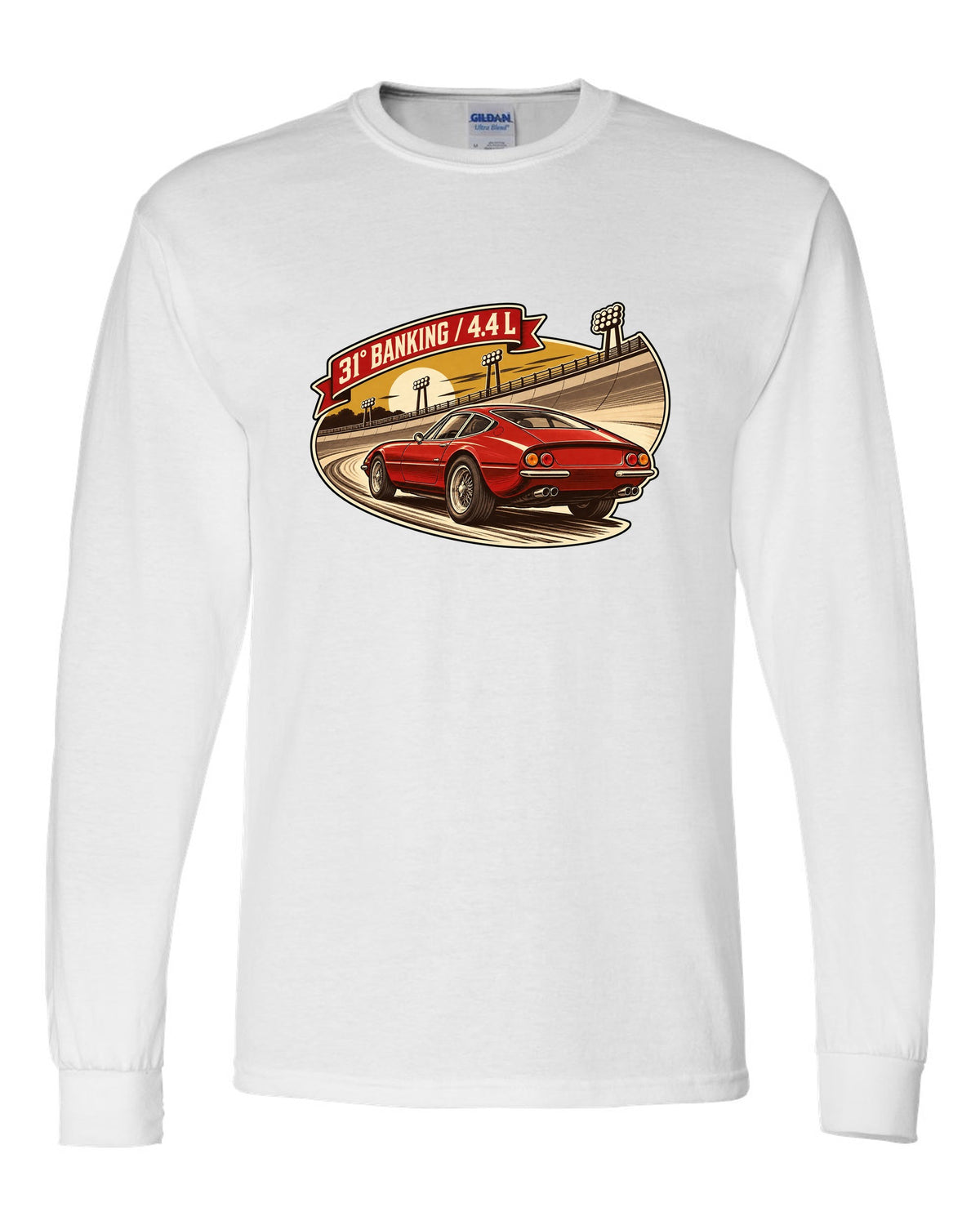 Sepia retro race-programme illustration of three Ferrari 365 GTB/4 Daytonas on banking white long sleeve front view with the design