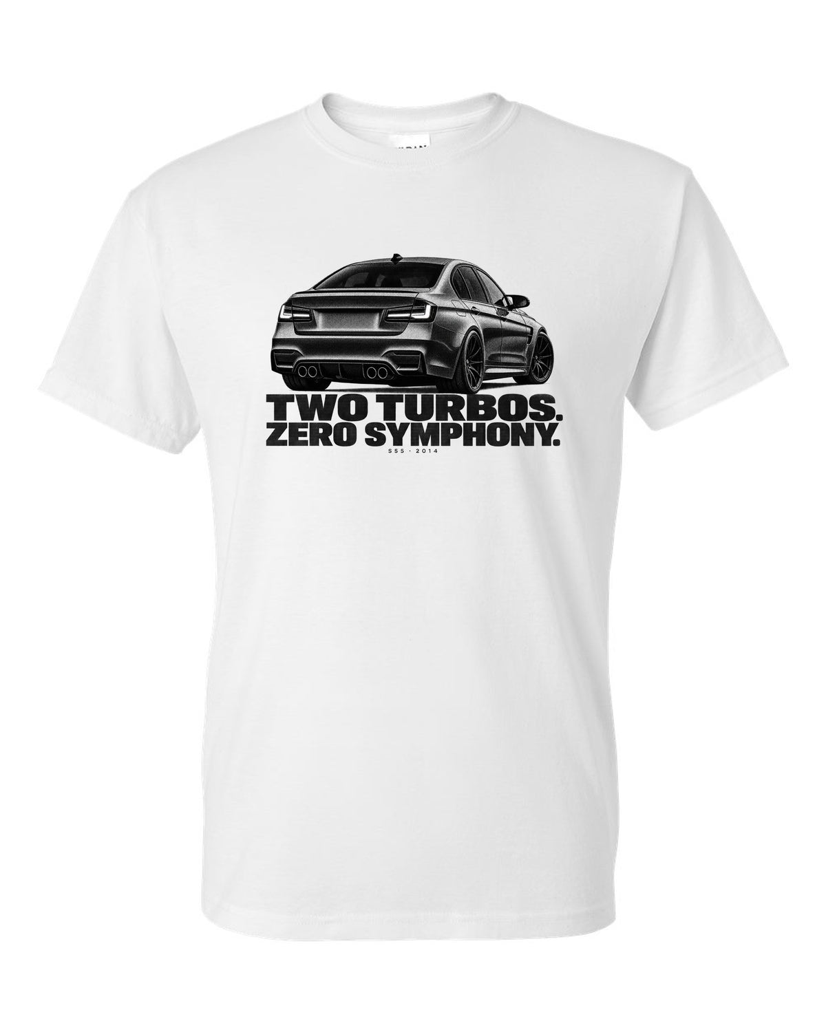 BMW F80 M3 sedan halftone print with two turbos zero symphony text white t-shirt front view with the design