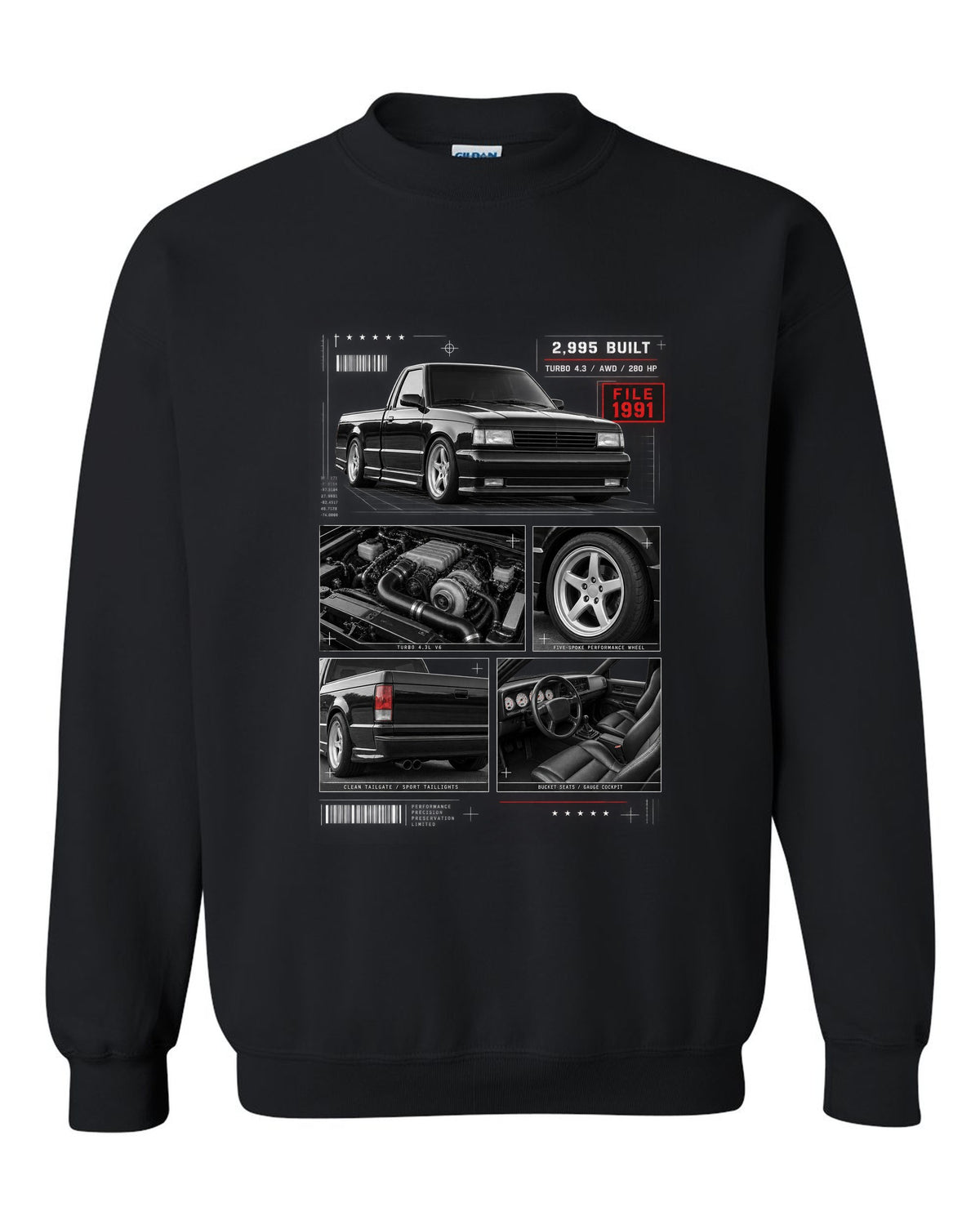 Dossier-style print of a 1991 GMC Syclone with detail panels black crewneck front view with the design