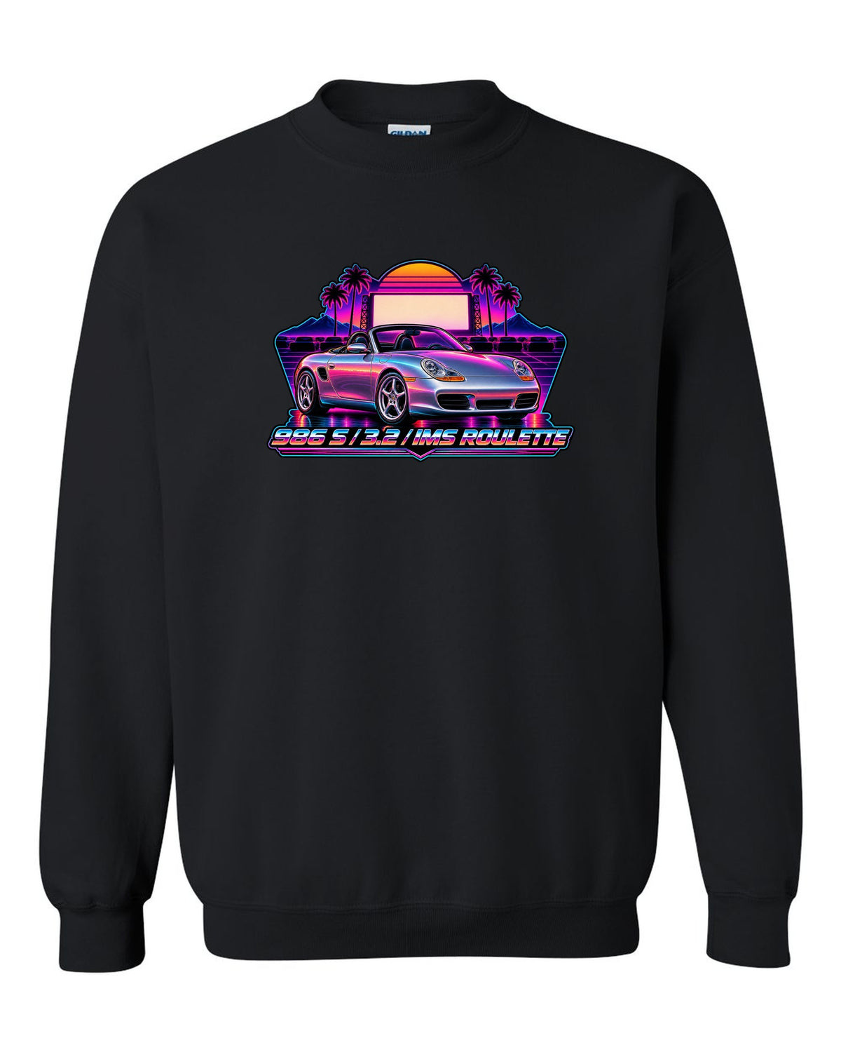 Porsche 986 Boxster S synthwave outrun design with IMS roulette lettering black crewneck front view with the design