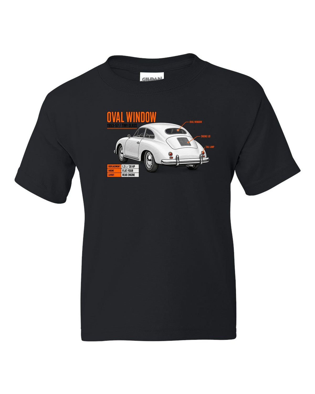 Spec poster print of a VW Beetle oval-window rear three-quarter with 1953-57 text black kids tee front view with the design