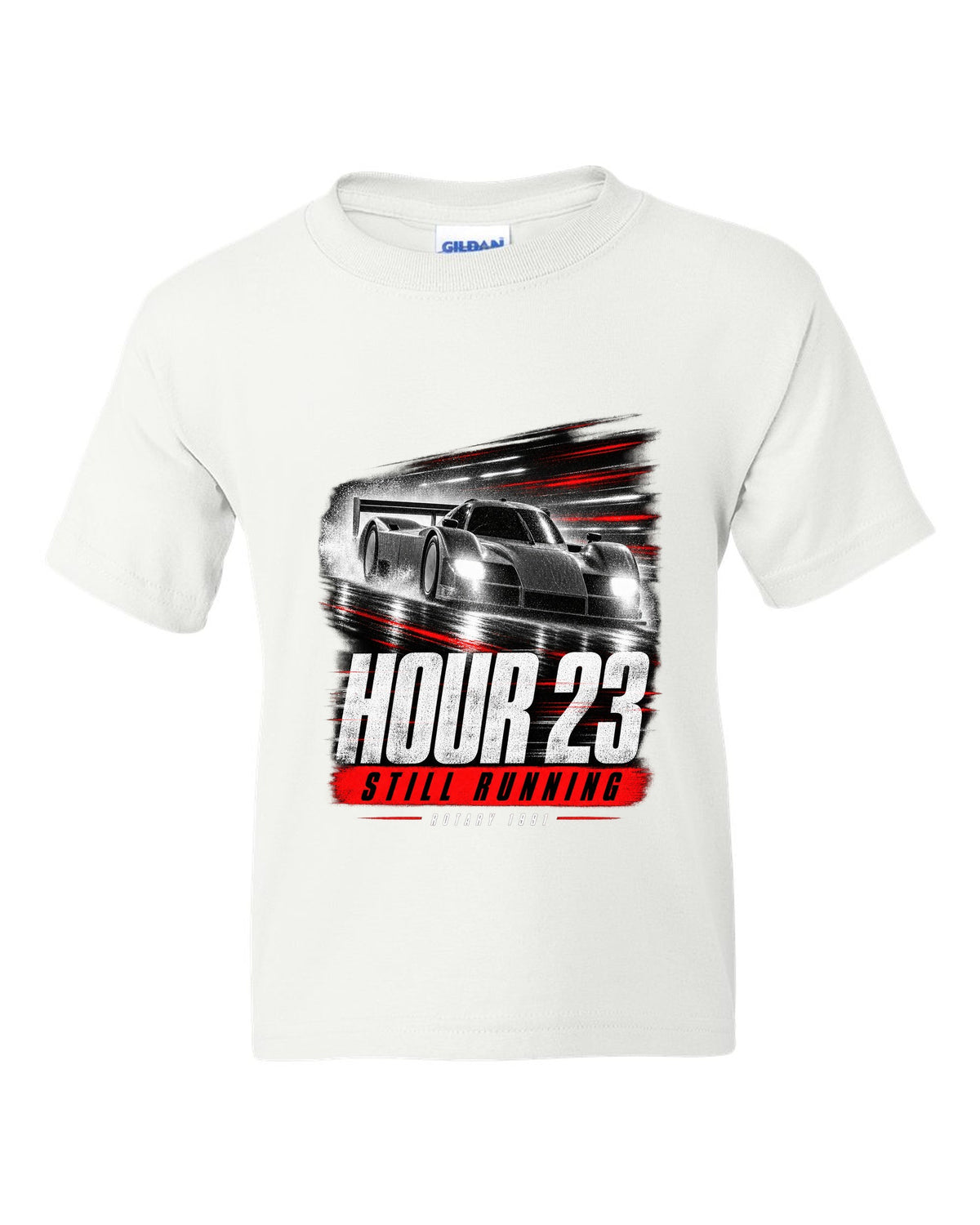 Cropped Mazda 787B race poster reading hour 23 still running rotary 1991 white kids tee front view with the design
