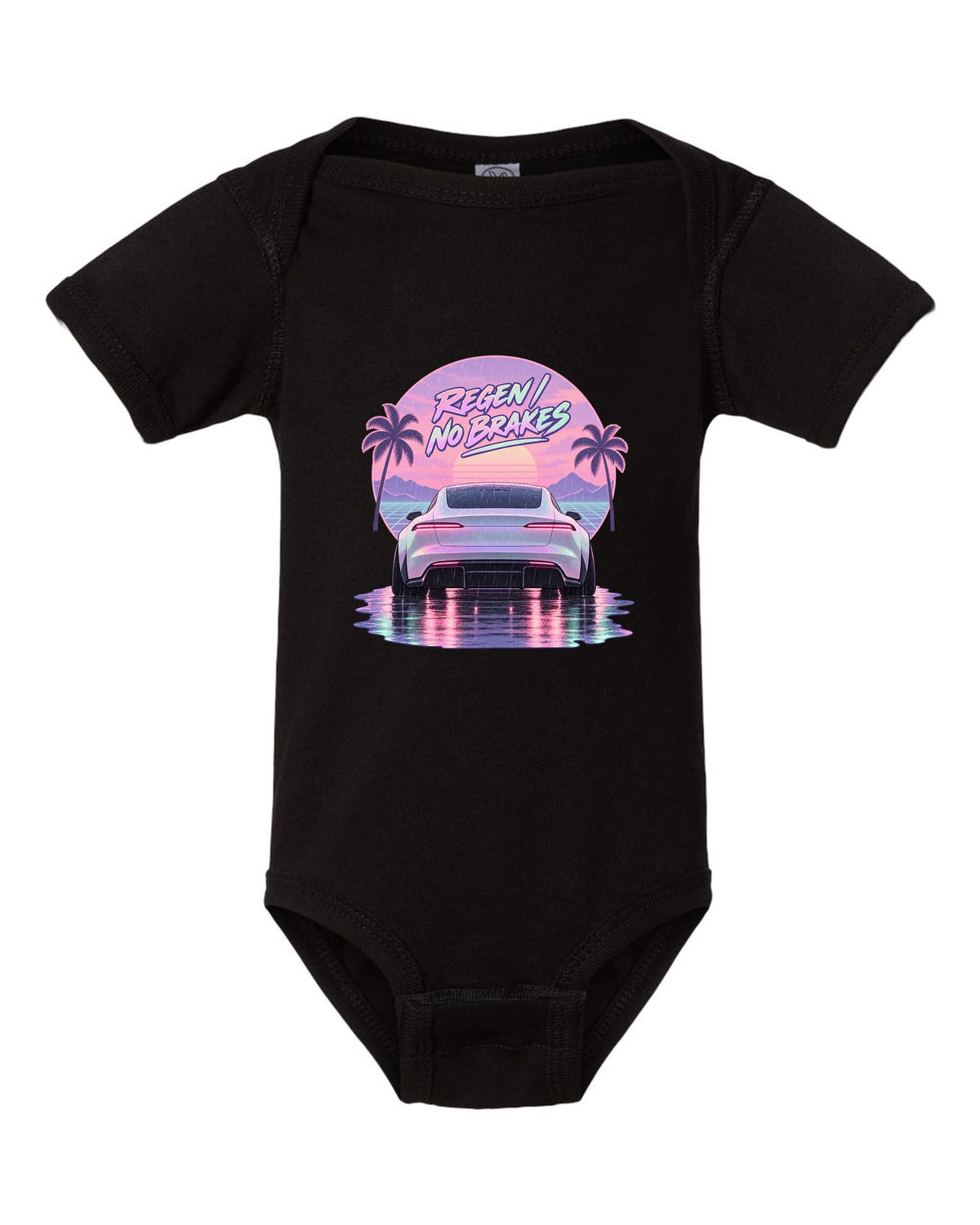Vaporwave pastel scene of a 2021 Tesla Model S Plaid taillights in rain with the words Regen No Brakes black baby onesie front view with the design
