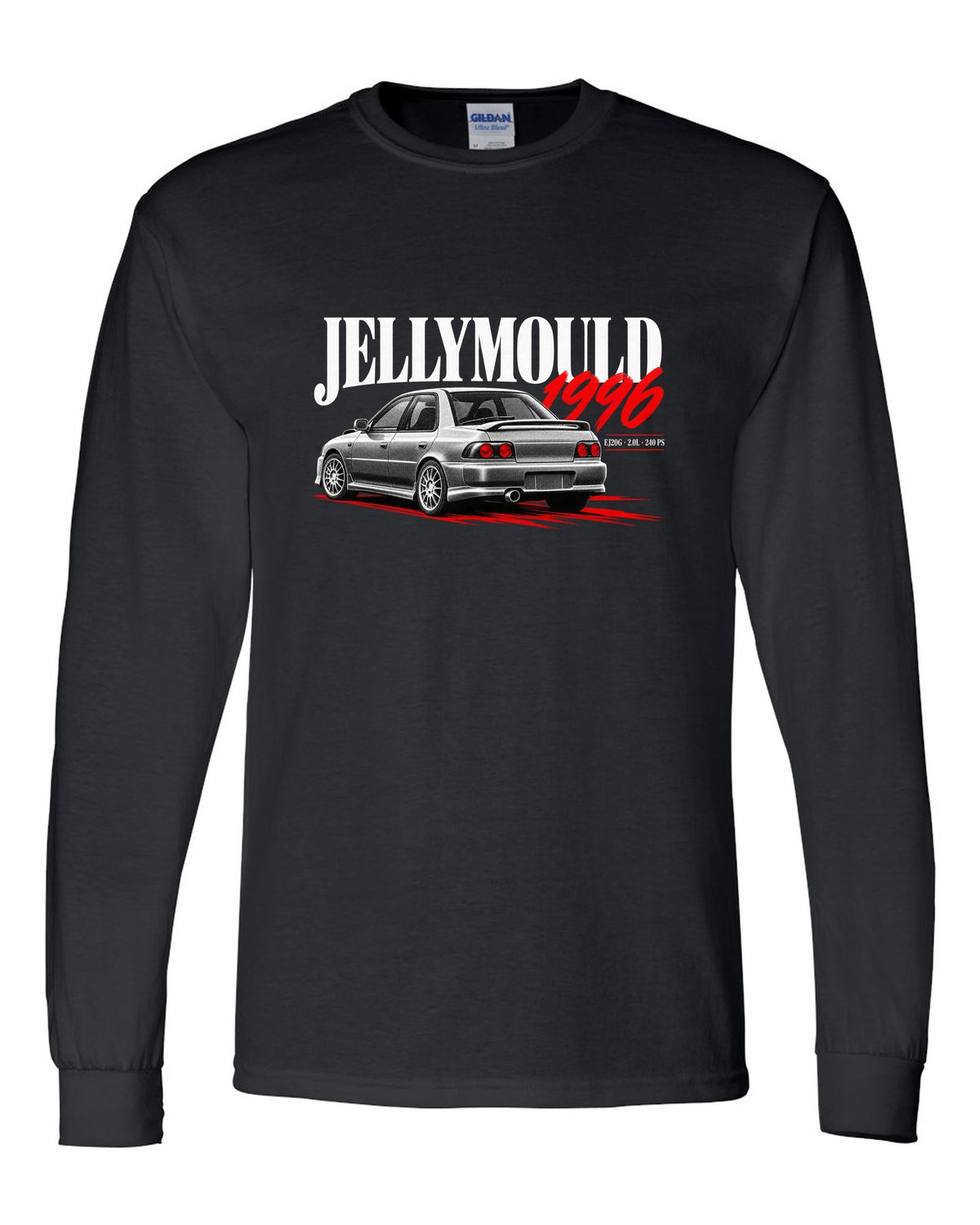 Subaru Impreza WRX GC8 saloon 1996 with Jellymould headline and EJ20G 240 PS text black long sleeve front view with the design
