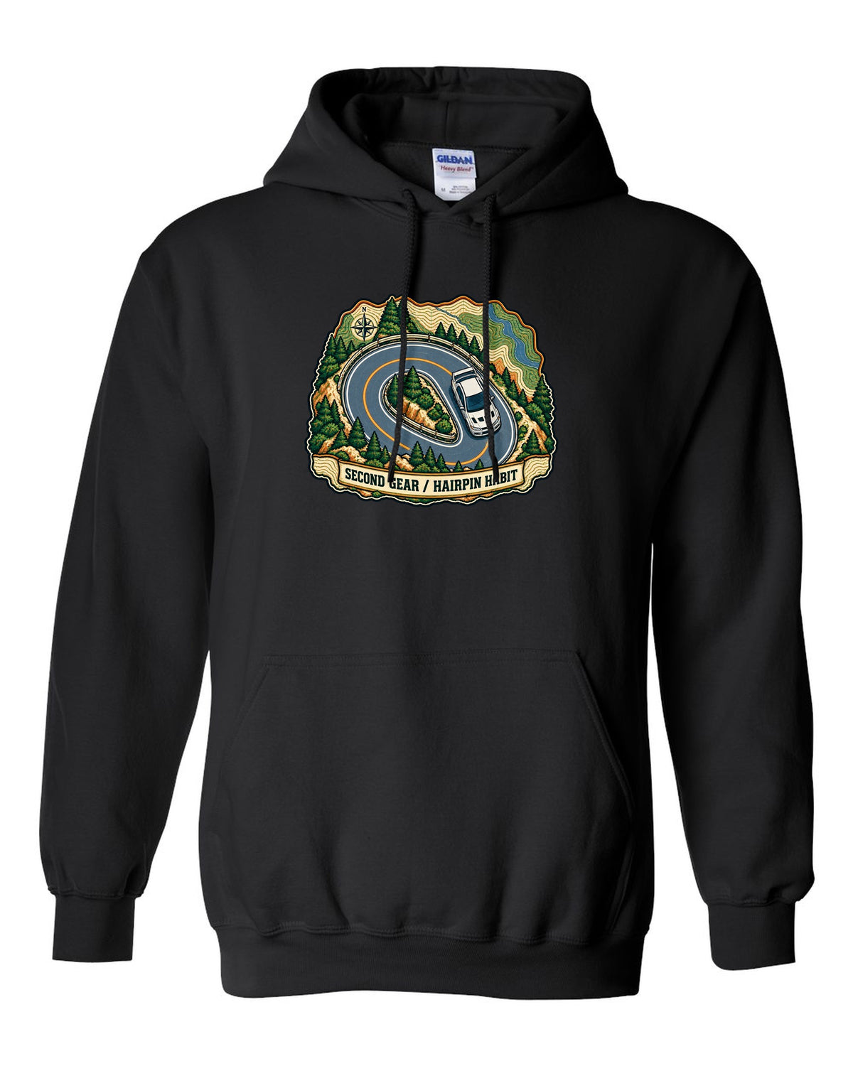 Topographic route map print for the Mitsubishi Evo VII CT9A with second gear hairpin habit text black pull over hoodie front view with the design