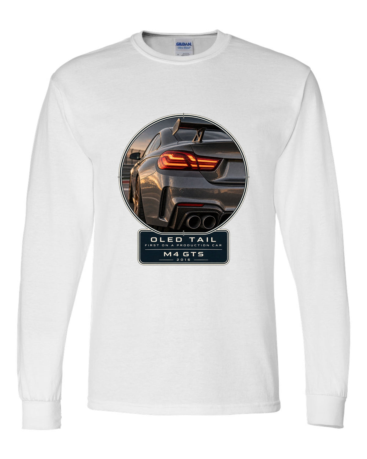 BMW M4 GTS OLED taillight macro print design white long sleeve front view with the design