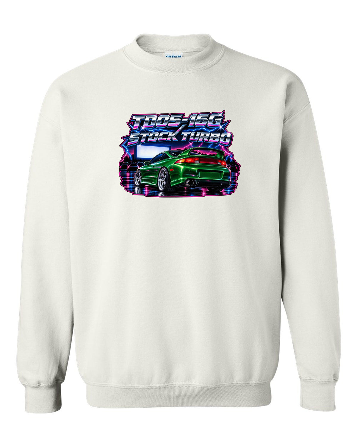 80s airbrush chrome print of a Mitsubishi Eclipse GSX 2G with TD05-16G stock turbo text white crewneck front view with the design