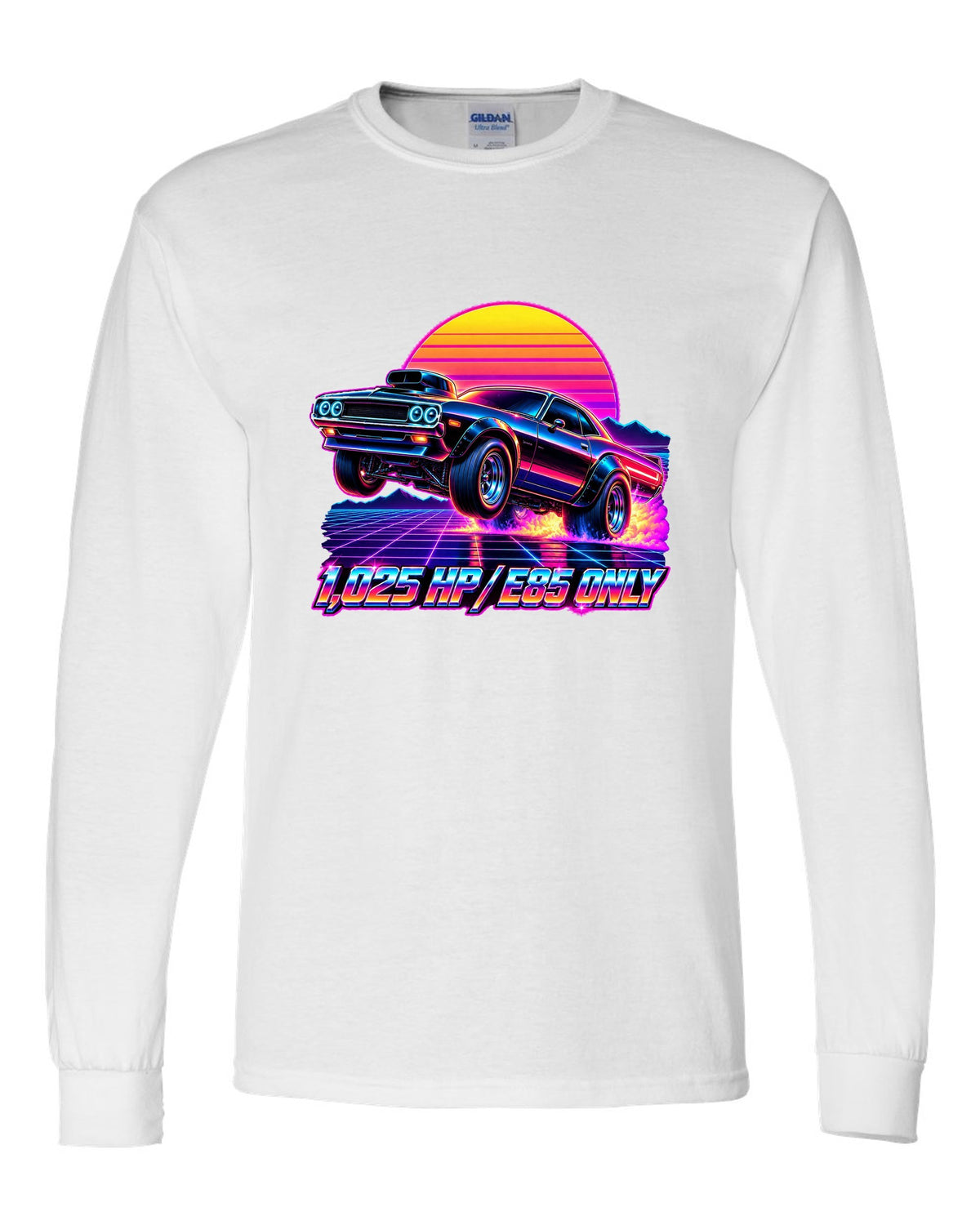 2023 Dodge Challenger Demon 170 synthwave neon outrun print with 1,025 HP E85 Only text white long sleeve front view with the design