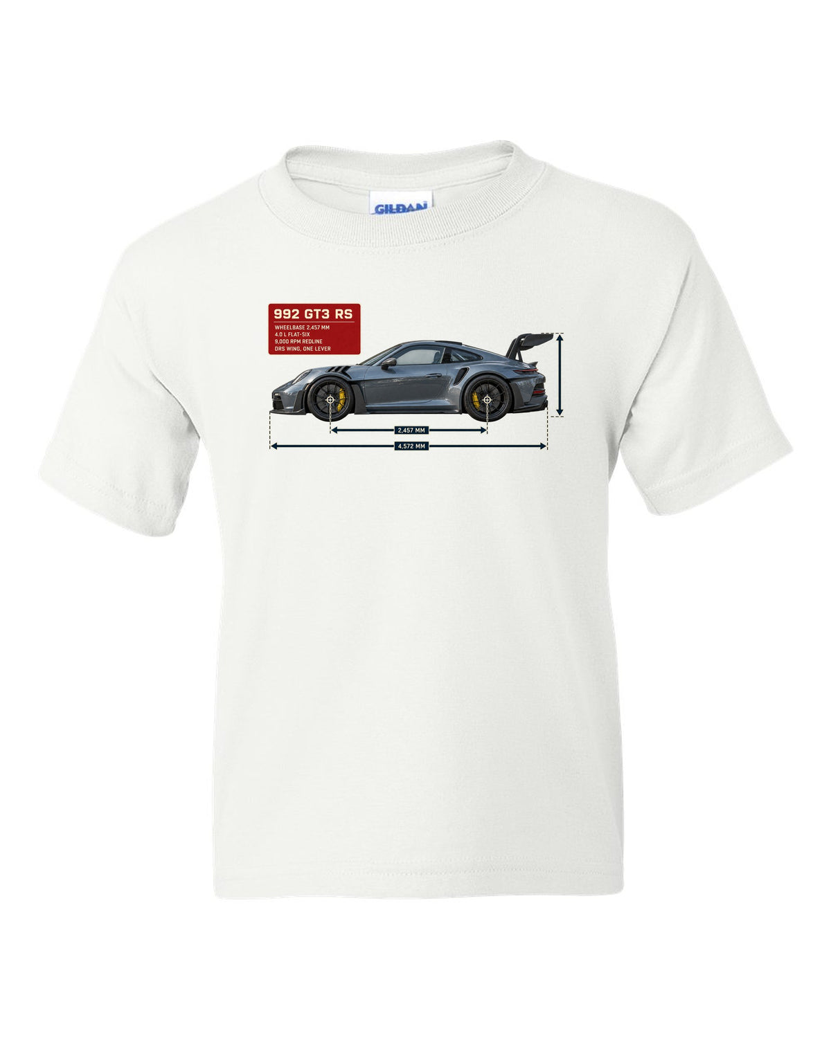 Porsche 992 GT3 RS dimension blueprint print design white kids tee front view with the design