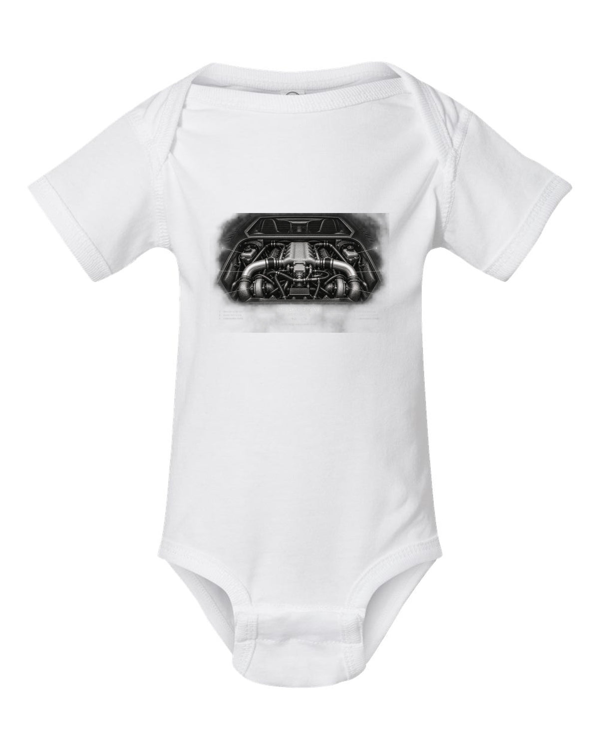 Engine hero print of a 1996 Lotus Esprit V8 with twin-turbo midship 3.5 V8 text white baby onesie front view with the design