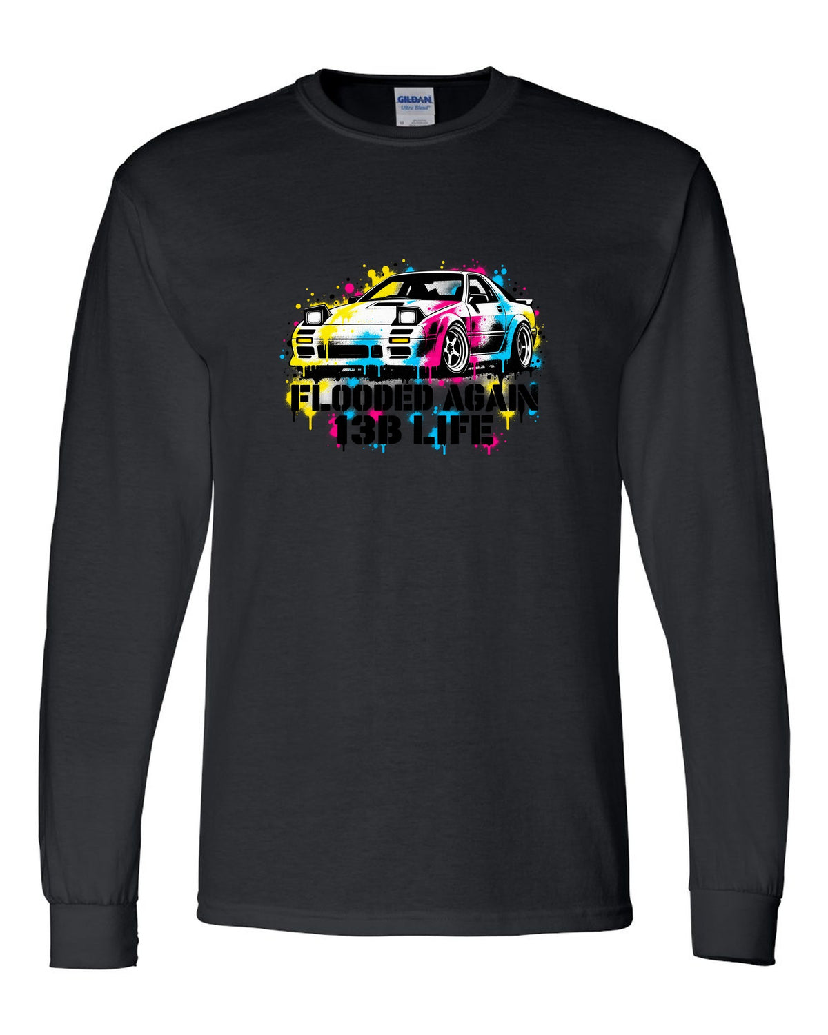 Stencil spray street art print for the Mazda RX-7 FC3S with flooded again 13B life lettering black long sleeve front view with the design