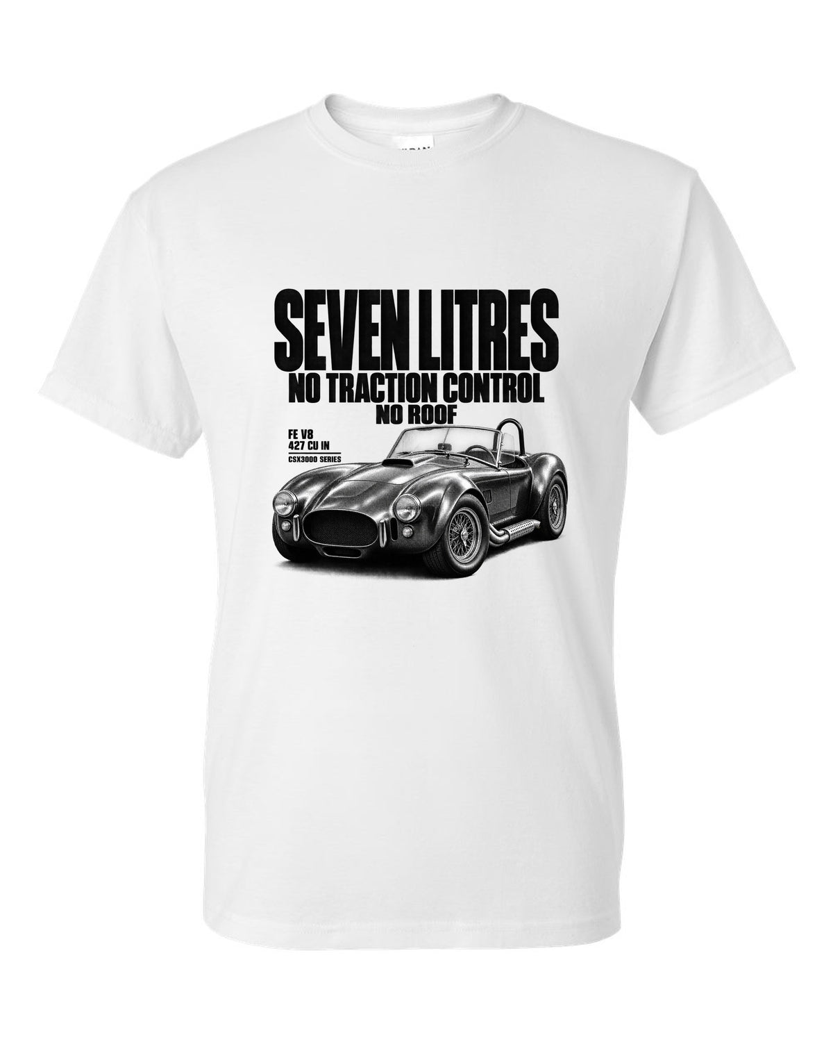 Shelby Cobra 427 Side-Oiler Halftone white t-shirt front view with the design