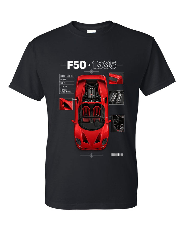 Ferrari F50 1995 top-down plan spec poster print, F130B 4,698 cc V12, 520 PS black t-shirt front view with the design
