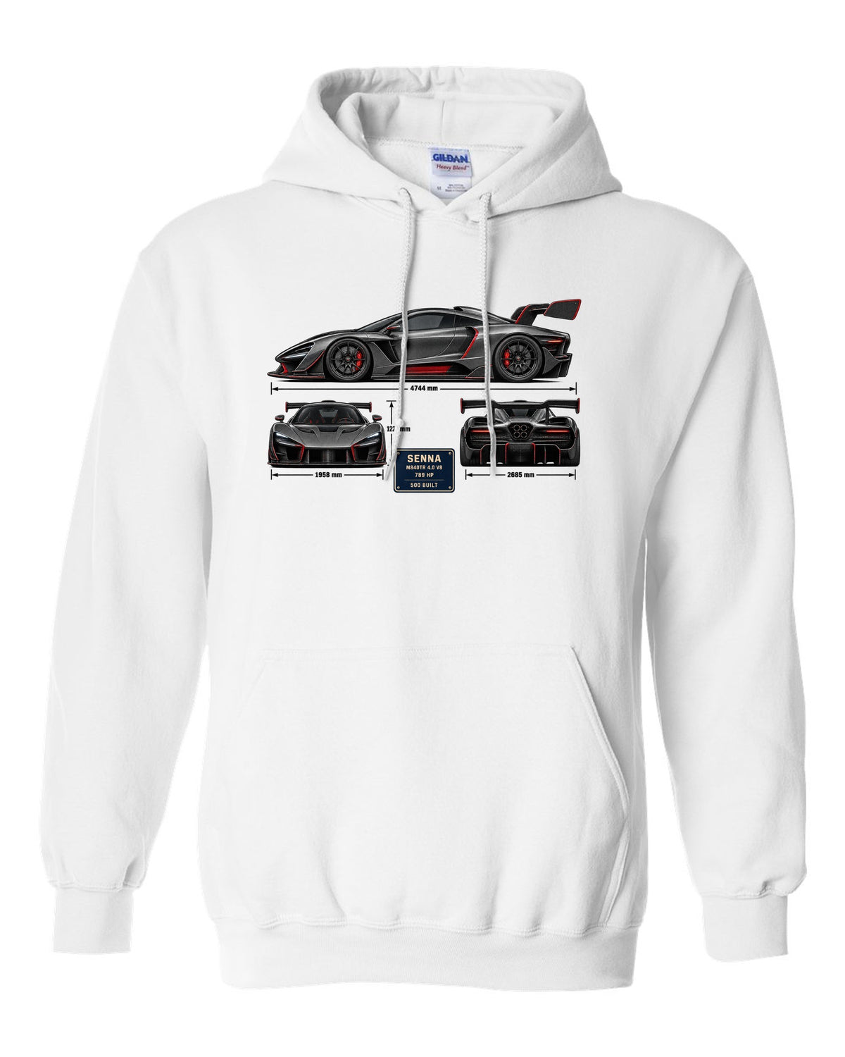 Three-view and spec table print of a McLaren Senna in graphite and red white pull over hoodie front view with the design