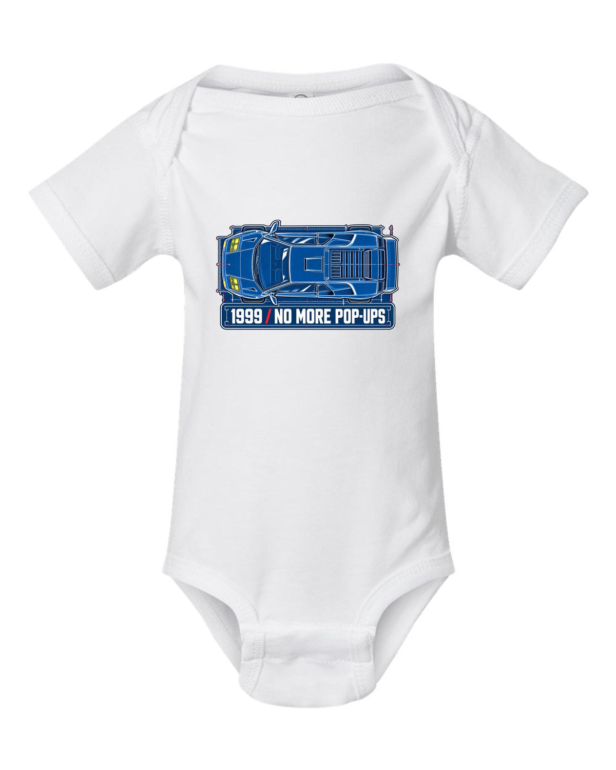 Cyanotype blueprint of a 1999 facelift Lamborghini Diablo with no more pop-ups lettering white baby onesie front view with the design