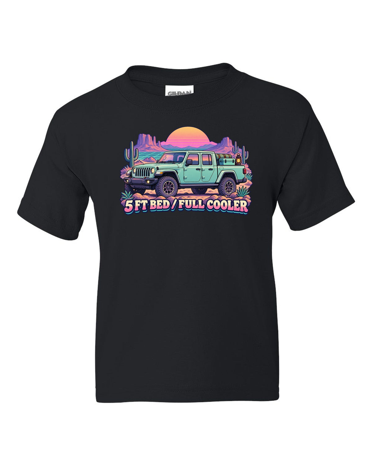 Vaporwave pastel print of a Jeep Gladiator JT in a desert camp with cooler text black kids tee front view with the design
