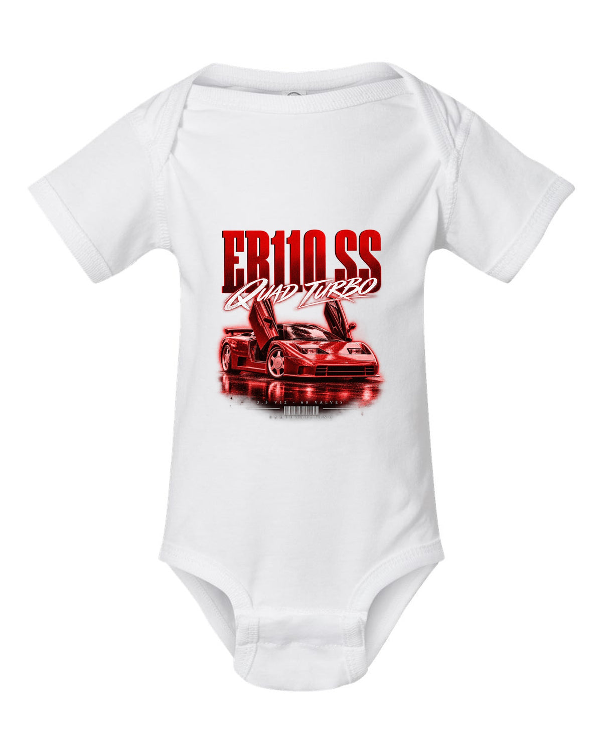 Bugatti EB110 SS 1992 street poster with quad turbo V12 text white baby onesie front view with the design