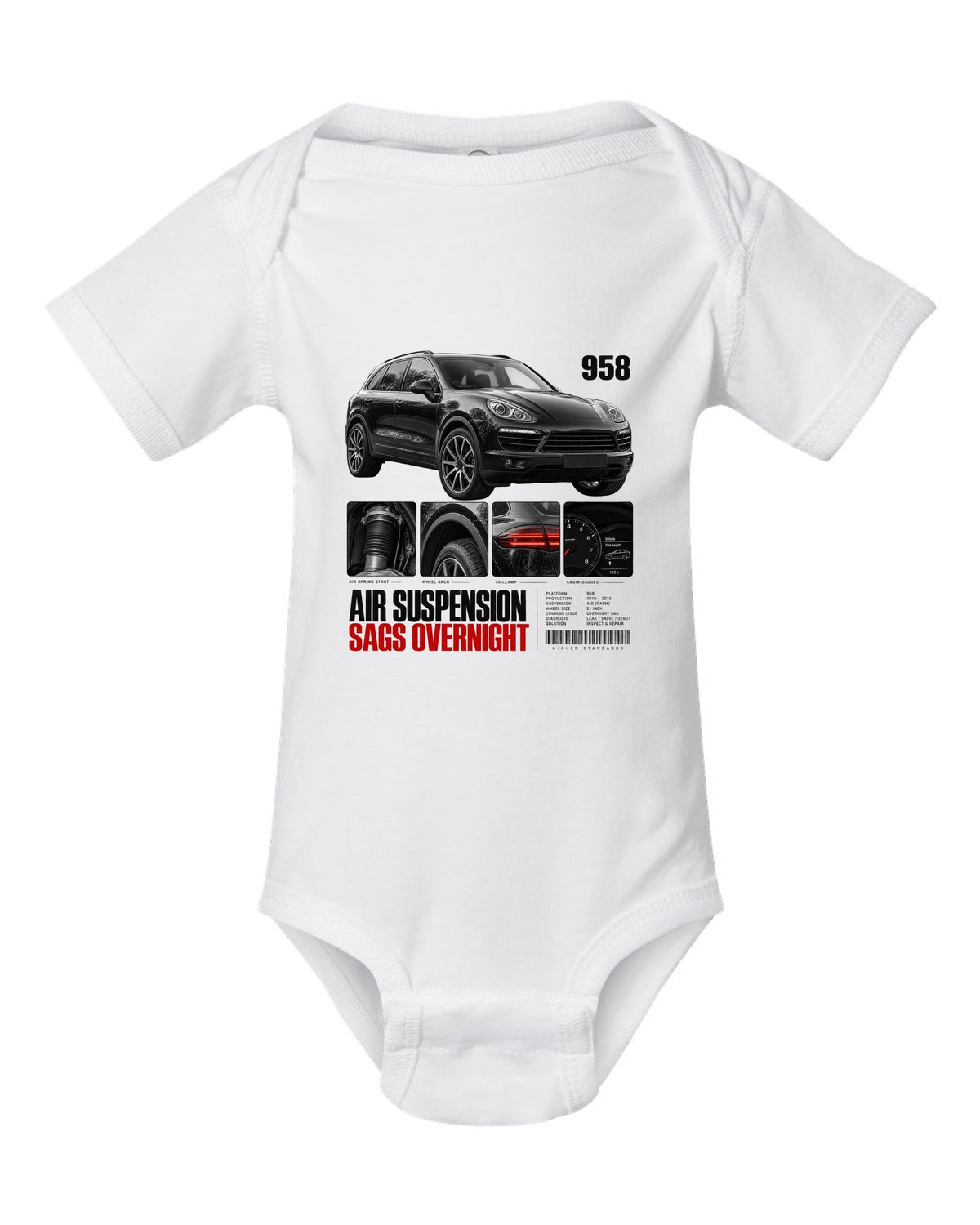 Dossier panel print of a Porsche Cayenne 958 with air suspension sags overnight caption white baby onesie front view with the design
